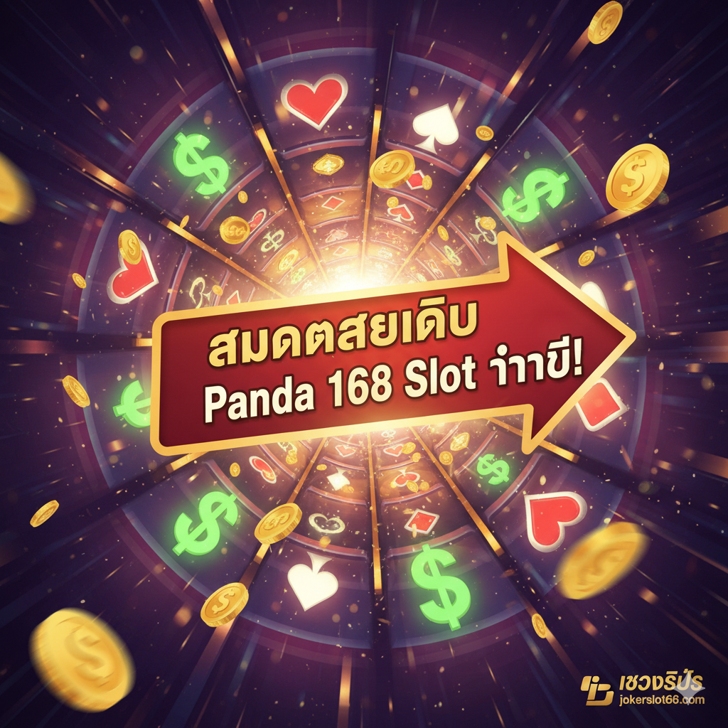 总结图片用于号召行动, 强调'สมัครสมาชิก'（立即注册）。画面设计应充满动力和紧迫感, 中央是一个醒目的, 带有箭头หรือ指向性的按钮形状, 上面用泰语写着 'สมัครสมาชิก Panda 168 Slot ทันที!' (立即注册 Panda 168 Slot!)。背景可以是一个抽象的, 快速旋转的老虎机滚轮动态效果, 或是一个通往财富之门的隧道。画面中可以再次加入 jokerslot66.com 的小徽标。整体构图简洁有力, 色彩鲜明, 引导用户点击注册, 不容错过。