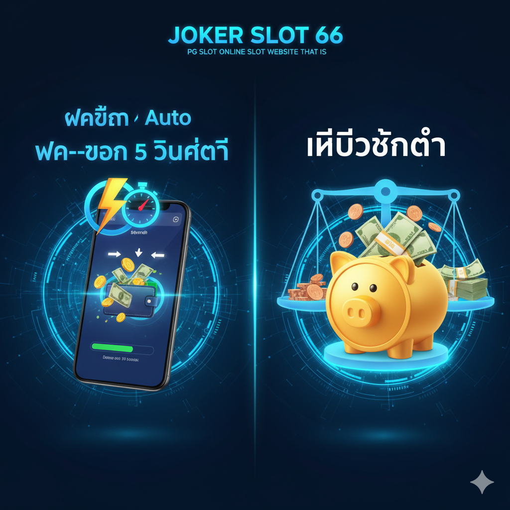功能特性图，重点突出'系统自动(Auto)'和'无最低限制(ไม่มีขั้นต่ำ)'。画面设计为两个部分对比：左侧是一个闪电符号(⚡)和秒表，代表'ฝาก-ถอน Auto 5 วินาที'（自动存取款5秒），显示手机屏幕上的快速交易流程；右侧是一个金色的天平或小猪储蓄罐，代表'ไม่มีขั้นต่ำ'（无最低限制），显示少量硬币和大量钞票共存，寓意小额玩家也能享受。整体色调科技感强，使用蓝色和青色光效，强调效率和便捷性。