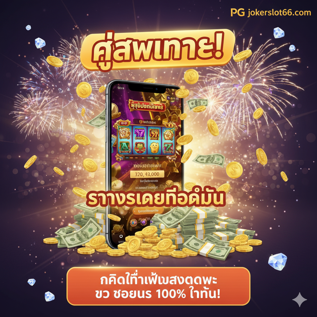 优势特点图,重点突出'เว็บตรง PG Slot แท้ 100%'(100%纯正PG Slot直属网站)和'ความน่าเชื่อถือ'(可信赖)。画面中央是PG Soft官方Logo(或代表性的游戏元素),并用一条象征性的金色锁链连接到'jokerslot66'的Logo,寓意直接连接,没有中介。背景可以是一个安全盾牌(🛡️)或一个印章,表明安全性和认证。色调采用庄重的金色和深红色,营造权威和信任感。侧边可以有泰语文字'RTP สูงสุด'(最高RTP)และ'จ่ายจริง'(真支付)作为次要卖点。
