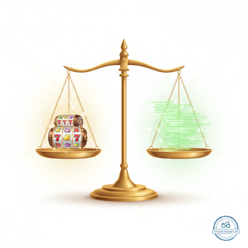 ภาพแสดงถึงความเป็นธรรมและความโปร่งใสของ RNG ในเกมสล็อตออนไลน์ องค์ประกอบหลักคือ 'ตราชั่งแห่งความยุติธรรม' (Scales of Justice) ที่ด้านหนึ่งเป็นภาพของ 'วงล้อสล็อต' (Slot Reels) และอีกด้านเป็นภาพของ 'อัลกอริทึม/โค้ด' (Algorithm/Code) ทั้งสองด้านอยู่ในภาวะสมดุลสมบูรณ์ พื้นหลังสีขาวสะอาดตา มีองค์ประกอบของแสงสีทองหรือสีเขียวอ่อน (Neon Green) สื่อถึงการรับรอง (Certification) และความน่าเชื่อถือ ควรมีโลโก้หรือสัญลักษณ์ที่สื่อถึงการตรวจสอบจากหน่วยงานภายนอก (Auditor) เช่น ตราประทับเสมือนจริงของ GLI หรือ eCOGRA เล็กน้อย เพื่อเน้นย้ำถึงการรับรองมาตรฐานสากล