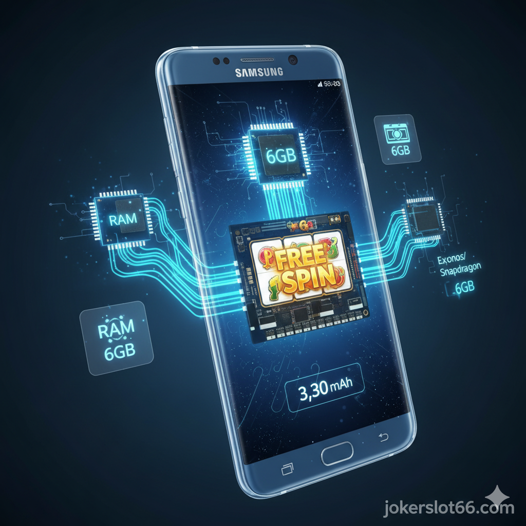 ภาพที่เน้นสเปคและประสิทธิภาพของ Note 8 สำหรับการเล่นเกมสล็อต องค์ประกอบหลักเป็นภาพด้านใน (Internal View) ของ Samsung Galaxy Note 8 แบบโฮโลแกรม (โปร่งแสง) เห็นชิปเซ็ต CPU, RAM 6GB และแบตเตอรี่ (3,300 mAh) เชื่อมโยงกันด้วยสายไฟเบอร์ออปติกสีฟ้าเรืองแสงเพื่อสื่อถึงความเร็ว หน้าจอ Note 8 แสดงผลการหมุนสล็อตที่กำลังเข้าโบนัส 'FREE SPIN' โดยมีไอคอน 'RAM 6GB' และ 'Exynos/Snapdragon' ลอยอยู่รอบๆ โทนสีเป็นฟ้า-น้ำเงินผสมกับสีทองจากสล็อต ให้อารมณ์ของความเร็วและความเสถียร (High Performance/Stability) โดยมีโลโก้ jokerslot66.com เป็นลายน้ำจางๆ อยู่ด้านล่าง