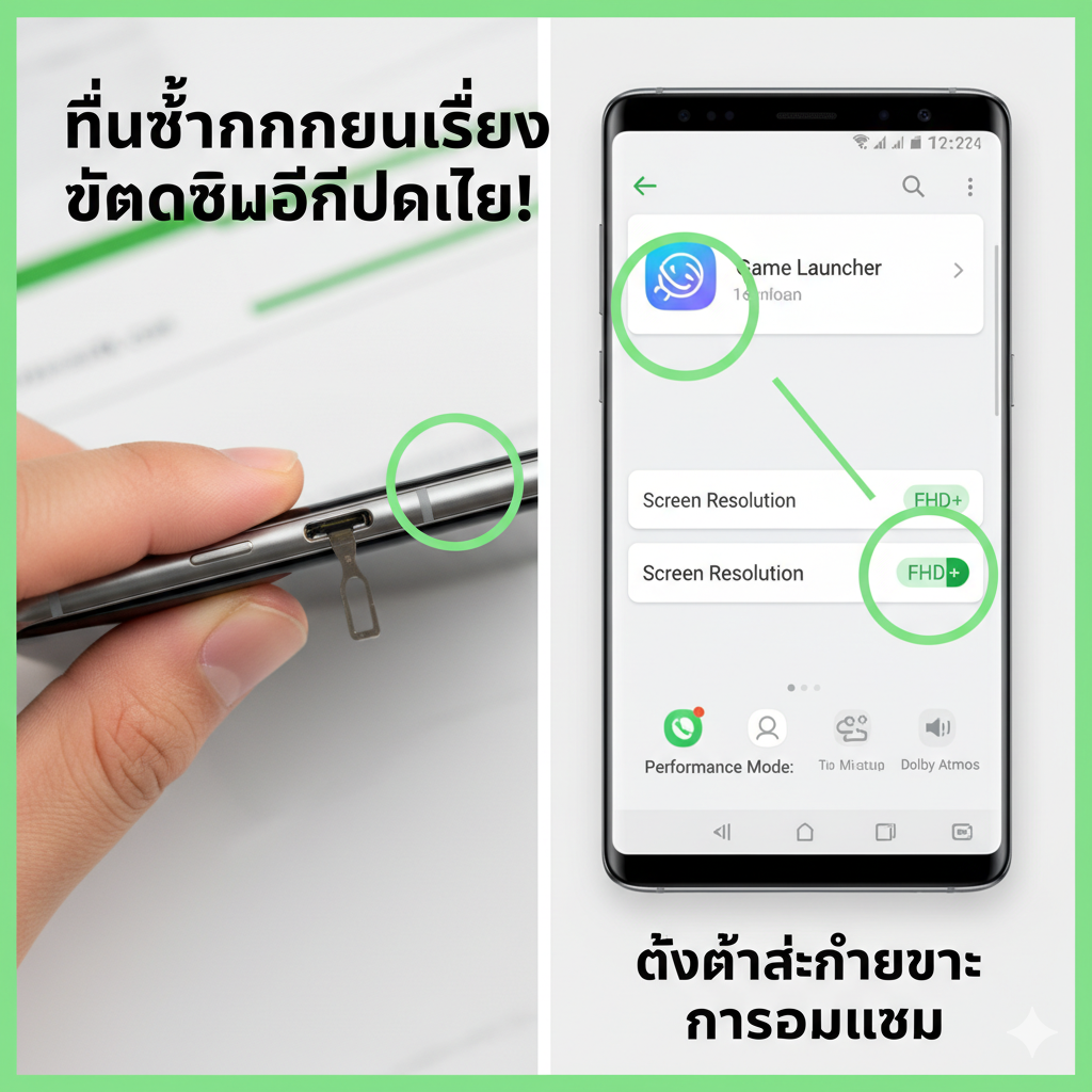 ภาพกราฟิกสอนการใช้งาน/แก้ปัญหาถาดซิมการ์ดของ Note 8 ที่นำไปสู่การเล่นสล็อตอย่างไร้กังวล แบ่งออกเป็น 2 ส่วน: ส่วนแรกเป็นภาพระยะใกล้ของ Note 8 พร้อมเครื่องมือถอดซิม (Eject Tool) ชี้ไปที่ช่องถาดซิมการ์ด พร้อมข้อความ 'ไม่ต้องกังวลเรื่องถาดซิมอีกต่อไป!' ส่วนที่สองเป็นภาพซ้อน (Overlay) แสดงหน้าจอ Note 8 ที่ปรับการตั้งค่า (Game Launcher/Screen Resolution FHD+) โดยมีไอคอนการตั้งค่าเหล่านี้เป็นสัญลักษณ์นำสายตา โทนสีขาวสว่างและสีเขียวในการเน้นจุดสำคัญ ให้ความรู้สึกเป็นมิตรและเป็นขั้นตอน (Step-by-Step/User-Friendly) สื่อสารว่าการตั้งค่าสำคัญกว่าการซ่อมแซม