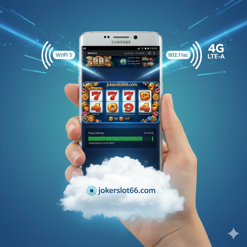 ภาพที่เน้นความเสถียรของการเชื่อมต่อสำหรับเว็บสล็อต องค์ประกอบหลักคือ Samsung Galaxy Note 8 ที่มือถือกำลังถืออยู่ โดยมีคลื่นสัญญาณ Wi-Fi 5 (802.11ac) และสัญลักษณ์ 4G LTE-A พุ่งเข้าสู่โทรศัพท์อย่างรวดเร็วและมั่นคง บนหน้าจอแสดงผลเกมสล็อตของ jokerslot66.com ที่มีแถบสถานะการเชื่อมต่อ (Ping/Latency) เป็นสีเขียวตลอดเวลา ด้านล่างมีก้อนเมฆ (Cloud Computing) ที่มีโลโก้ jokerslot66.com อยู่ภายใน เพื่อสื่อถึงระบบเซิร์ฟเวอร์ที่เสถียร โทนสีฟ้า-เขียว เน้นความเร็วและความปลอดภัยของข้อมูล (Secure/Fast Connection) ภาพควรให้อารมณ์ของการ 'ไม่สะดุด' แม้ปั่นสล็อตนานๆ