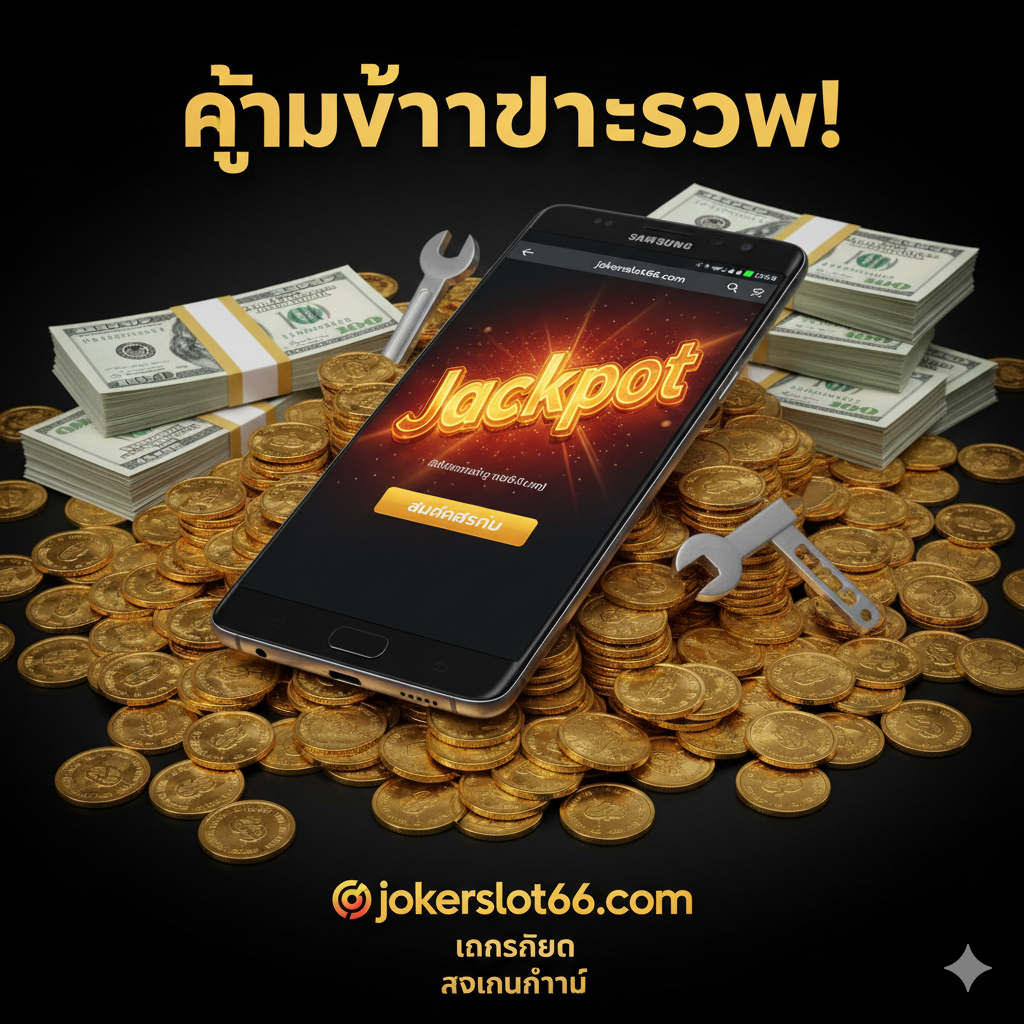 ภาพสรุปที่กระตุ้นให้เปลี่ยนจากการซ่อมแซมมาเป็นการทำกำไร องค์ประกอบหลักคือ Samsung Galaxy Note 8 วางอยู่บนกองเหรียญทองขนาดใหญ่และธนบัตรที่กองพะเนิน โดยมีแสงสะท้อนของ 'Jackpot' สีทอง-แดงจากหน้าจอโทรศัพท์ส่องออกมา หน้าจอ Note 8 แสดงผลหน้าเว็บลงทะเบียนของ jokerslot66.com พร้อมปุ่ม 'สมัครสมาชิก' (Register) ขนาดใหญ่ มีสัญลักษณ์ประแจ/เครื่องมือซ่อมแซม (Wrench/Tool) ถูกผลักไปด้านข้างอย่างชัดเจน เพื่อสื่อความหมายว่า 'ไม่ต้องซ่อมแล้ว, มาทำเงินดีกว่า' สไตล์เป็นแบบไดนามิก เน้นความร่ำรวยและโอกาสในการทำเงิน (Wealth/Opportunity) โดยมีคำว่า 'คุ้มค่ากว่าซ่อม!' เป็นข้อความเน้น