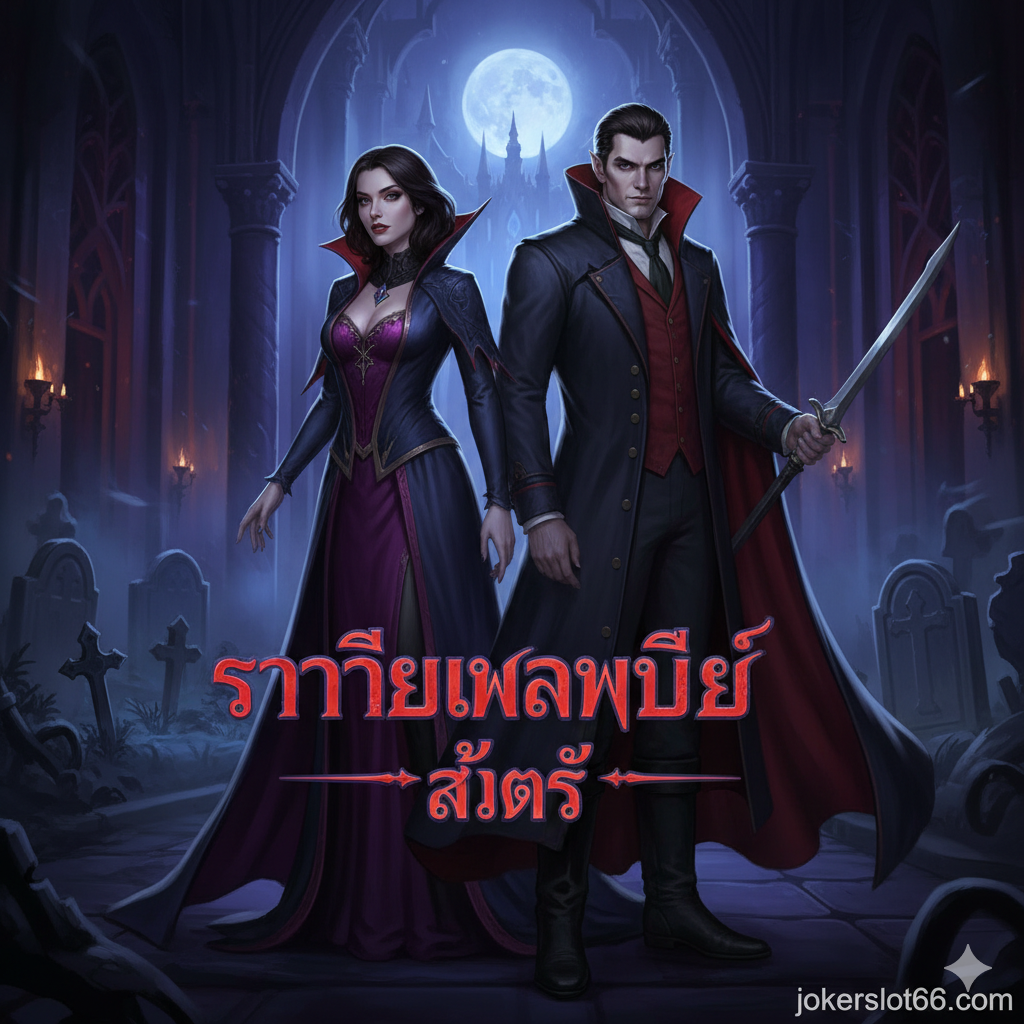 一張富有戲劇性的封面圖，風格為哥特式黑暗奇幻。主視覺是遊戲中的主角吸血鬼伯爵และ/或一位魅惑的吸血鬼女性，置身於一個陰森的城堡大廳或月光下的墓地。色彩以深紫色、血紅色และ冷藍色為主，營造出夜晚的神秘感。中央突出展示遊戲Logo“Vampire Night Slot”，并在底部角落低調地加入“jokerslot66.com”的水印，暗示可在此網站游玩。整體構圖大氣磅礴，強調遊戲的恐怖與誘惑主題。