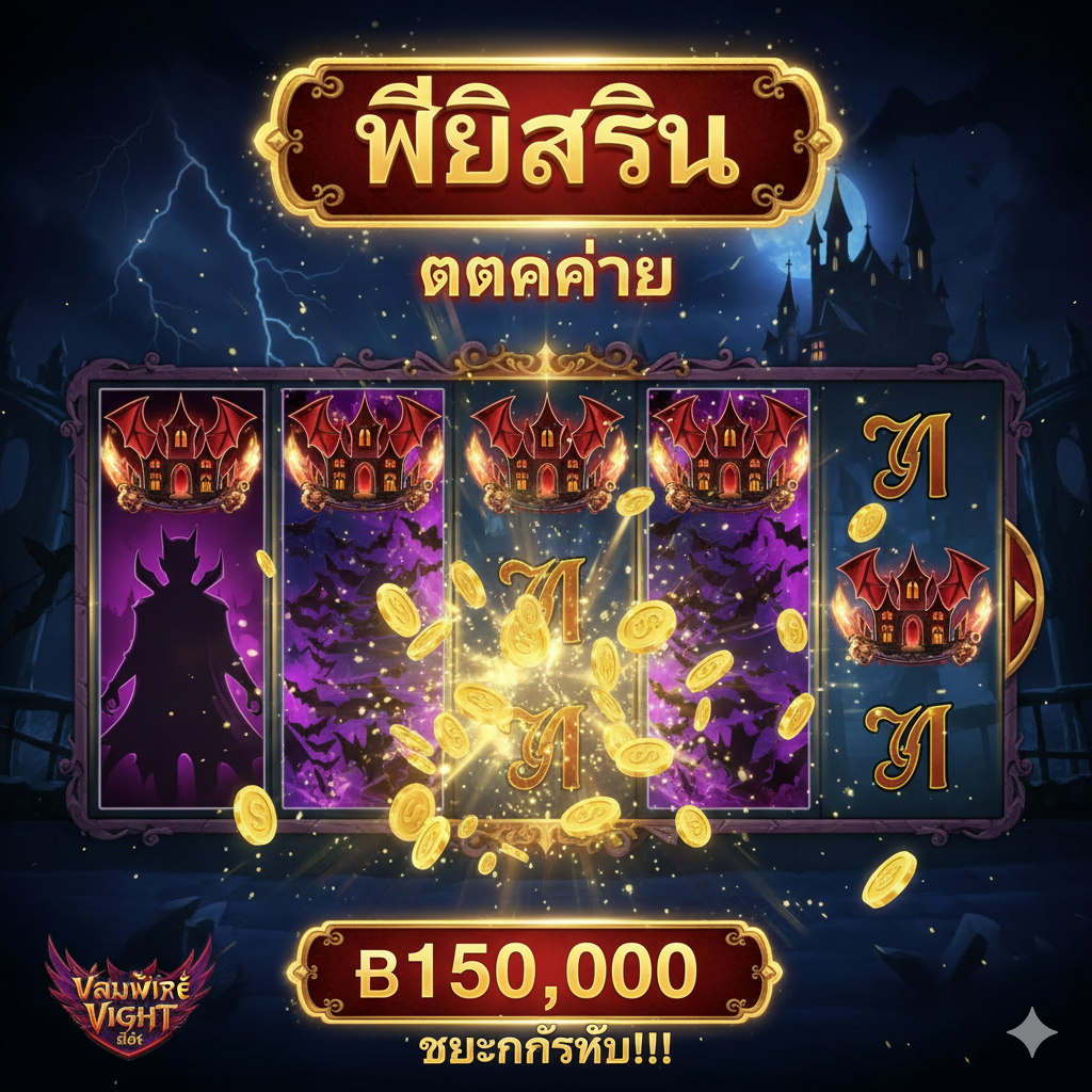 功能特性圖,重點展示遊戲的“免費旋轉”(Free Spins)或“擴展百搭”(Expanding Wilds)功能。圖片應為一個遊戲內的高光瞬間截屏或模擬圖,展示3個或更多Scatter符號激活免費旋轉,屏幕上有顯著的“FREE SPINS”或“BIG WIN”字樣。背景是幽暗的吸血鬼主題卷軸,卷軸上可能有擴大的Wild符號覆蓋整個列。使用動態的光效和金幣飛濺的動畫效果,強調功能帶來的高額獎勵和“แตกง่าย”的體驗。