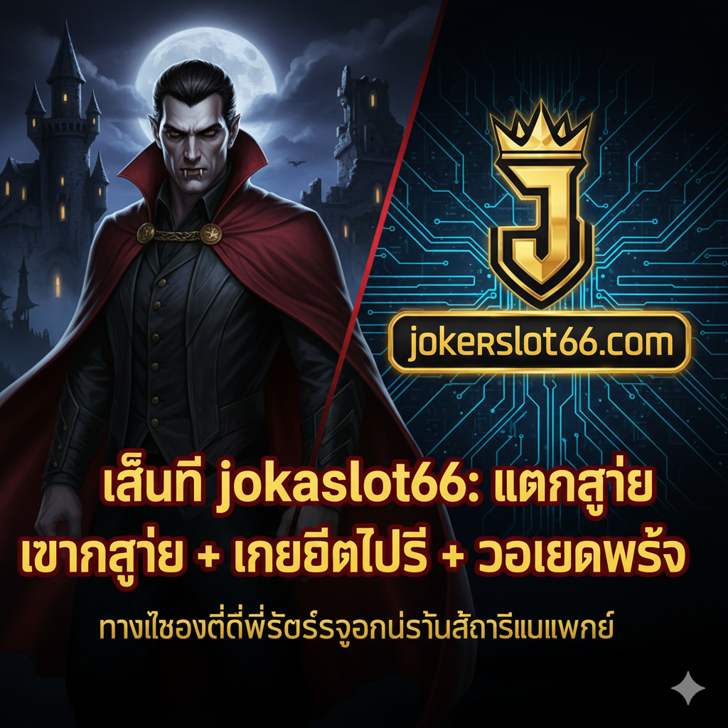 總結圖，用於強化在jokerslot66.com玩此遊戲的理由。構圖上，可以將遊戲的標誌性吸血鬼角色放在一側，另一側是“jokerslot66.com”的Logo或平台標誌。中間使用醒目的泰語標題：“เล่นที่ jokerslot66: แตกง่าย + เครดิตฟรี + วอเลทเร็ว” (在jokerslot66玩：易爆獎 + 免費信用 + 快速錢包)。風格結合了遊戲的黑暗主題和網站的現代感，用金色、紅色和黑色的搭配，強調這是最佳選擇的最終結論。