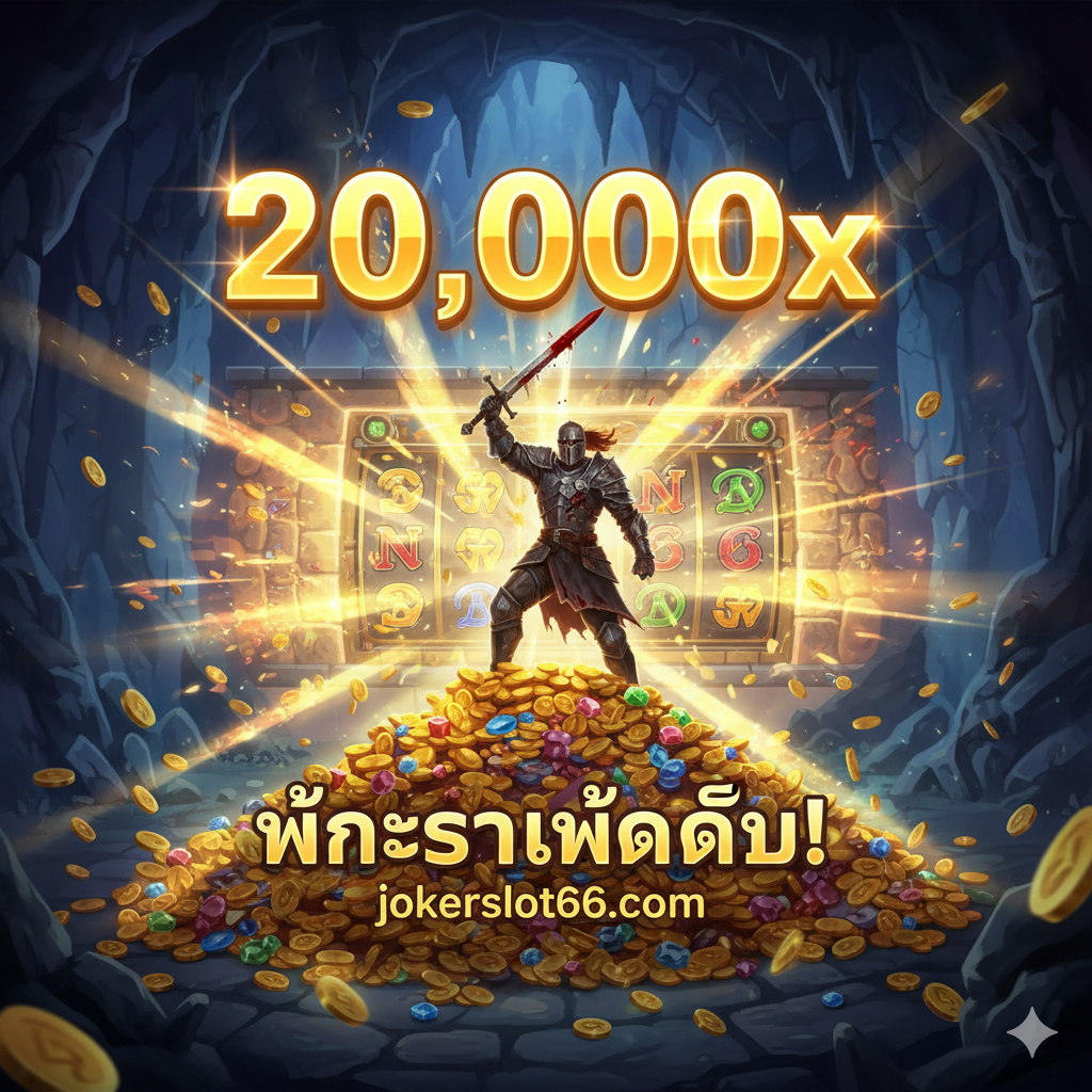 ภาพสรุปและแรงจูงใจในการเล่น แสดงฉาก 'Big Win' หรือ 'Max Win' 20,000x ที่น่าตื่นตาตื่นใจ มีทองคำ เหรียญ และตัวเลข '20,000x' ขนาดใหญ่ที่สว่างไสวเต็มหน้าจอ การออกแบบควรให้ความรู้สึกถึงชัยชนะอันยิ่งใหญ่จากการพิชิตบอส ภาพอัศวินชูอาวุธขึ้นอย่างภาคภูมิใจท่ามกลางสมบัติและเอฟเฟกต์แสงสีทองที่พุ่งออกมาจากวงล้อ ใช้สีสันที่ตัดกันระหว่างความมืดของดันเจี้ยนกับแสงสว่างของรางวัลเพื่อสร้างผลกระทบทางอารมณ์