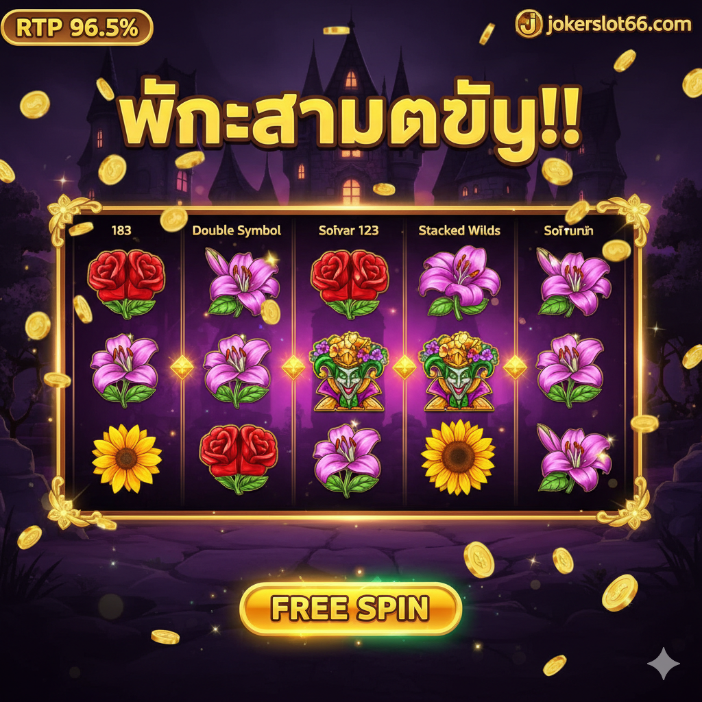 ภาพกราฟิกเน้นคุณสมบัติเด่นของเกม Joker Flower Slot แสดงหน้าจอวงล้อที่ถูกเน้นด้วยสัญลักษณ์พิเศษ เช่น 'Double Symbol' หรือ 'Stacked Wilds' ที่เรียงตัวกันเต็มแนวตั้ง มีปุ่ม 'FREE SPIN' ขนาดใหญ่เรืองแสงเป็นองค์ประกอบหลัก ใช้โทนสีเข้มและมีสีทองตัดเพื่อความรู้สึกพรีเมียมและโชคลาภ มีการแสดงตัวเลข RTP สูงที่มุมหนึ่งของภาพเพื่อสื่อถึงโอกาสในการทำเงินสูง องค์ประกอบแสดงการชนะรางวัลใหญ่ด้วยเหรียญทองที่โปรยปรายลงมา ให้ความรู้สึกถึงความเป็นเกมสล็อตออนไลน์ระดับมืออาชีพ