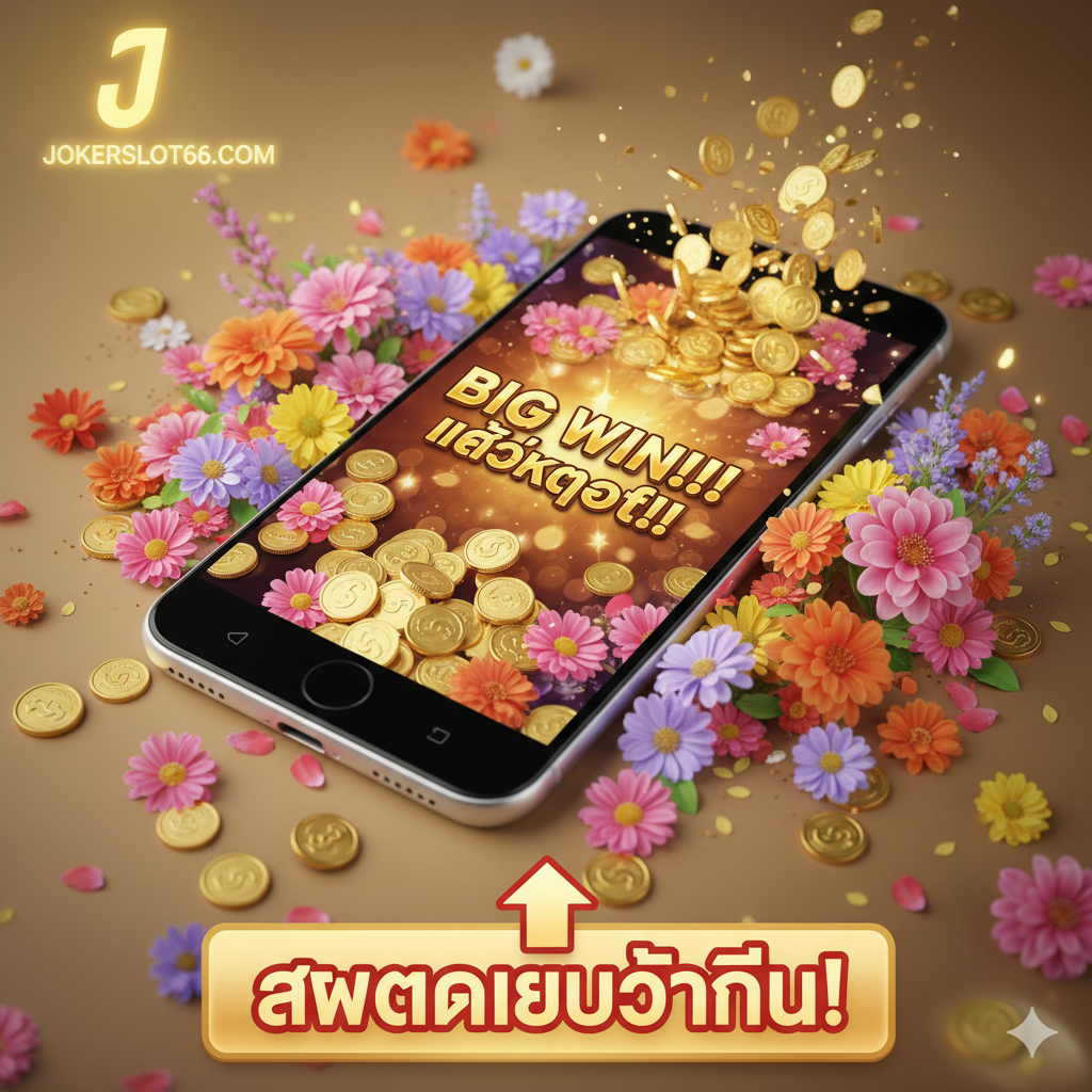 ภาพสรุปที่สร้างแรงบันดาลใจ แสดงผลรวมของการเล่นที่ประสบความสำเร็จ โดยมีมือถือที่แสดงหน้าจอ 'BIG WIN' หรือ 'JACKPOT' วางอยู่บนพื้นหลังที่มีมวลดอกไม้และเหรียญทองที่ล้นออกมาจากหน้าจอ ใช้สีสันสดใสของดอกไม้ (ชมพู, ส้ม, เหลือง) เพื่อสร้างความรู้สึกแห่งความสุขและความสำเร็จ พร้อมเน้นย้ำคำว่า 'สมัครเลยวันนี้' เพื่อเป็น Call to Action จัดวางให้มีมิติความลึกเพื่อดึงดูดสายตาไปยังหน้าจอที่ชนะรางวัล