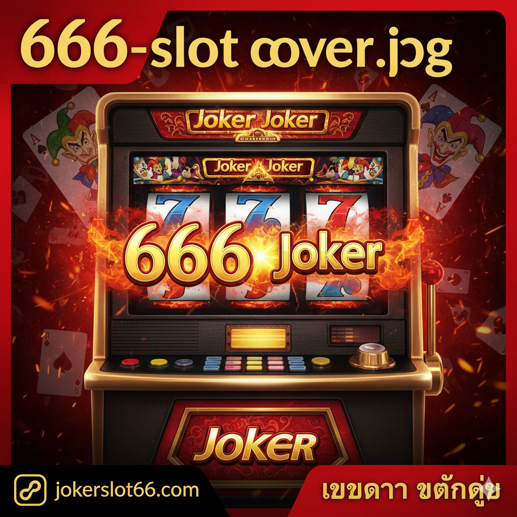一个视觉冲击力强的封面图，主色调为炽热的红、黑和金，营造出火爆、刺激的赌博氛围。中央突出显示一个复古风格的老虎机屏幕，上面有巨大的'666'และ'Joker'符号组合，并配有闪烁的火焰或电光特效。画面下方或角落有'jokerslot66.com'的品牌标志和泰语的'เว็บตรง แตกง่าย'（直属网站 易爆奖）字样。构图上，'666'符号应是视觉焦点，背景带有 Joker Gaming 标志性的扑克牌或小丑元素。