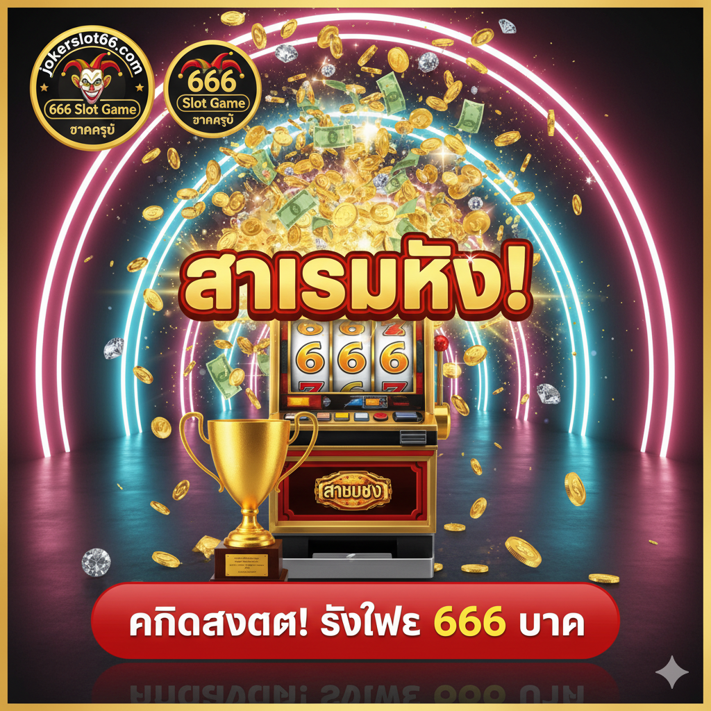 总结和行动号召图。画面应是最终胜利的场景,如老虎机爆出金币、彩票或奖杯,中央有一个巨大的'WINNER'或泰语的'รางวัลใหญ่!'(大奖!)字样。将关键词'jokerslot66.com'、'666 Slot Game'และ'แตกง่าย'(易爆奖)整合在一个醒目的图标或标志中。在底部或显眼位置放置一个巨大的红色按钮图形,写着'คลิกสมัคร! รับฟรี 666 บาท'(点击注册!免费领取 666 泰铢),作为最后的引导。