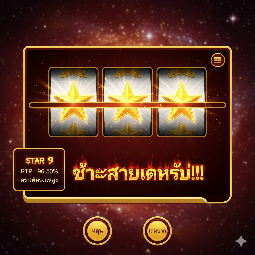 一张聚焦游戏核心特性的功能图。画面应以 Star 9 Slot 的中奖界面为主体,突出显示一条由三个“STAR”符号或大额奖励符号组成的派彩线,并用闪烁的动画效果或光束聚焦。侧面หรือ角落叠加显示游戏的重要数据,如“RTP 96.50%”和“High Volatility”的泰语说明。色彩以金黄色、红色为主,强调“Big Win”的视觉冲击力。构图采用特写方式,让玩家能清晰看到经典 3x3 格式和简易操作界面,体现其“简单但高回报”的特点。