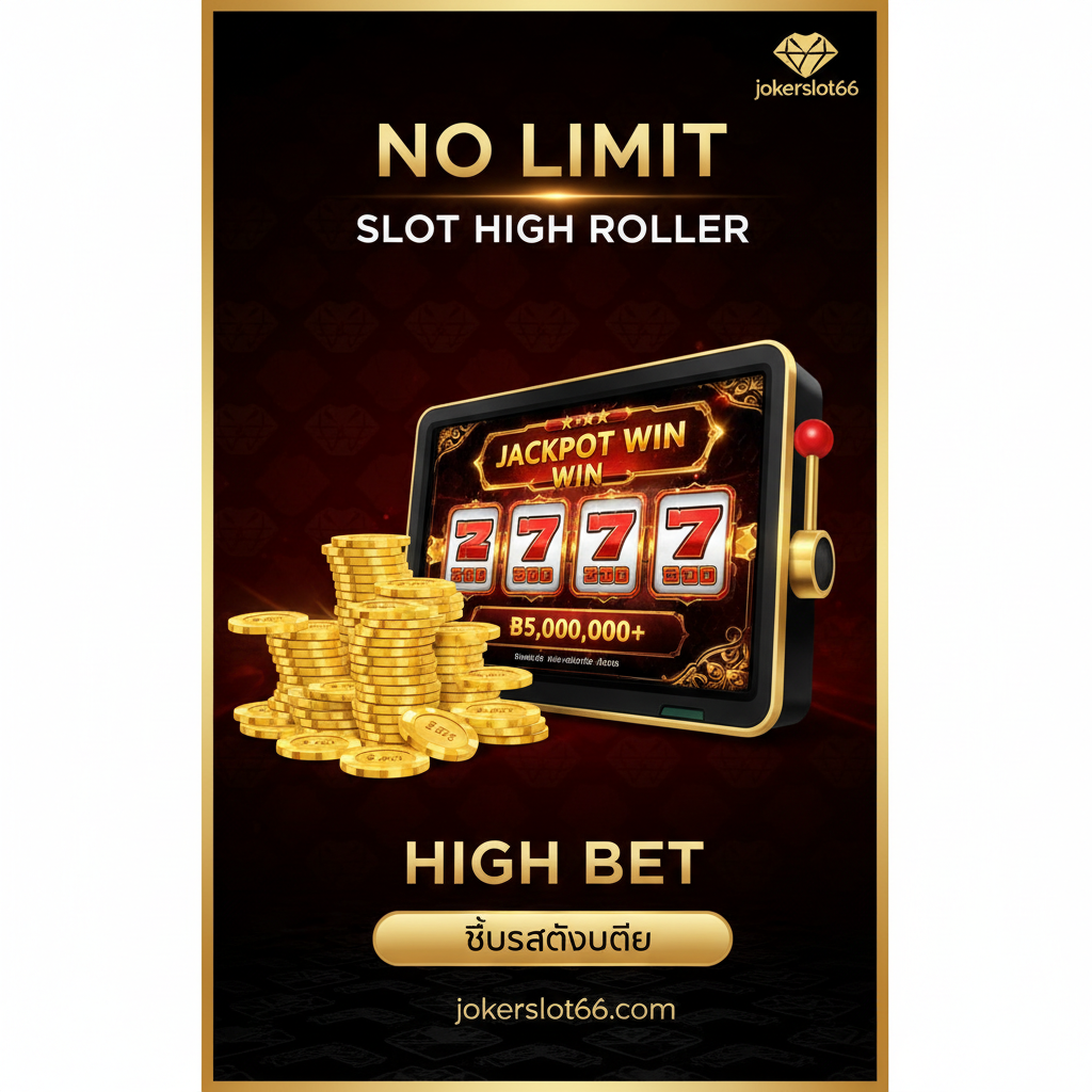 ภาพเป็นบทความ封面，主题是“Best No Limit Slot”และ“High Roller”。画面主色调应采用金色、黑色และ深红色，营造出奢华、高风险高回报的VIP氛围。中央应有一个巨大的金色筹碼堆，旁边是一台老虎สล็อต机的屏幕，屏幕上显示着“JACKPOT WIN”และ巨大的泰铢金额（例如：฿5,000,000+）。构图应具有冲击力，重点突出“No Limit”（ไม่มีลิมิต）และ“High Bet”（เดิมพันสูง）的概念。背景可以有jokerslot66的微弱Logo或钻石纹理，强调专属和高端感。
