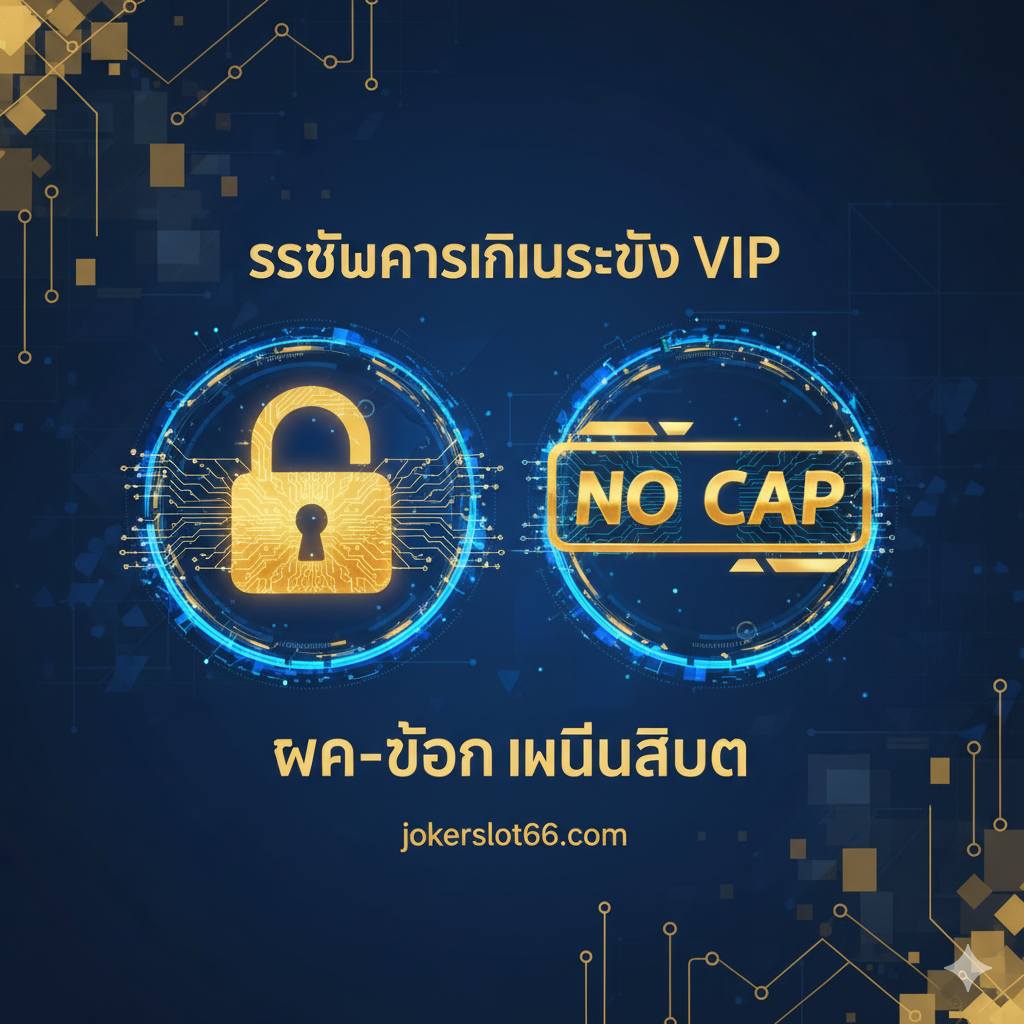 ภาพที่突出“ระบบการเงินระดับ VIP: ฝาก-ถอน ไม่มีลิมิต” (VIP Financial System: Unlimited Deposit-Withdrawal) 的功能。ภาพ应展示一个数字交易界面(Digital Transaction Interface)风格,主色调为蓝色และ金色,象征信任และความมั่งคั่ง。画面中心是两个闪亮的图标:一个กุญแจทองคำ (Golden Lock) 和一个ป้ายคำว่า 'No Cap' (No Cap Sign),周围环绕ด้วย流动的แสงไฟดิจิทัล (Digital light trails) หรือ วงจรข้อมูล (Data Circuits) ที่ไหลอย่างรวดเร็วและไม่มีสะดุด (Fast and Seamless Data Flow) สื่อถึงความรวดเร็วและความมั่นคงทางการเงินของ jokerslot66.