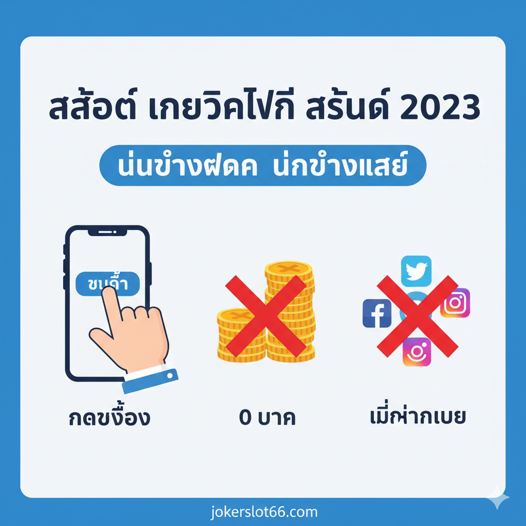 ภาพสำหรับส่วน 'ไม่ต้องฝาก ไม่ต้องแชร์' แสดงฟีเจอร์เด่นของโปรโมชั่น เน้นไอคอนที่สื่อความหมายชัดเจน 3 อย่าง: 1. รูปมือที่กำลังกดปุ่ม 'รับสิทธิ์' บนหน้าจอมือถือ (สื่อถึง 'กดรับเอง'), 2. รูปเหรียญที่มีเครื่องหมายกากบาท (สื่อถึง 'ไม่ต้องฝาก'), และ 3. รูปสัญลักษณ์โซเชียลมีเดียที่มีเครื่องหมายกากบาท (สื่อถึง 'ไม่ต้องแชร์') ใช้โทนสีฟ้า-ขาว เพื่อสื่อถึงความโปร่งใสและเงื่อนไขที่ง่ายดาย มีข้อความสั้นๆ กำกับไอคอนแต่ละตัวเป็นภาษาไทย 'กดรับเอง', '0 บาท', 'ยืนยันเบอร์' ภาพรวมเป็น Infographic ที่อ่านง่ายและเข้าใจฟีเจอร์หลักได้ทันที.