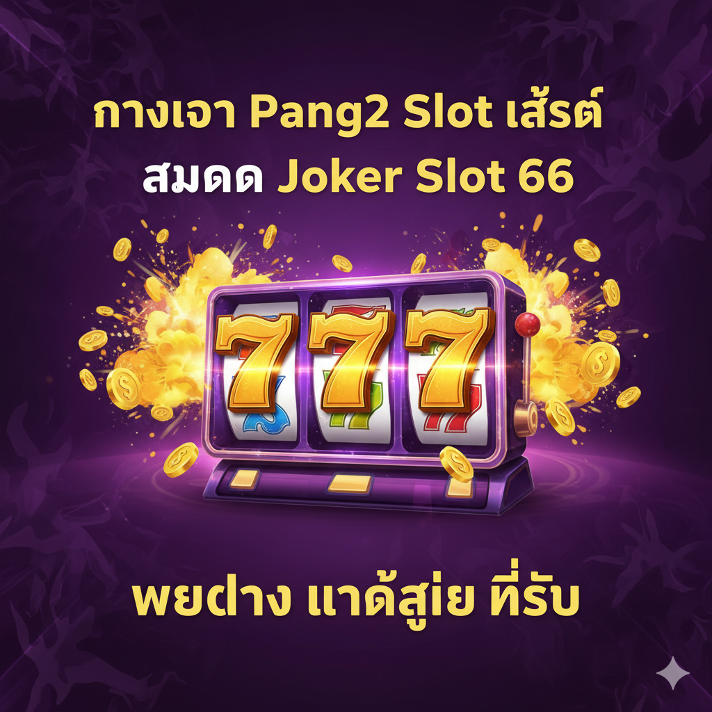 ออกแบบภาพปกสำหรับเกมสล็อตภาษาไทยคุณภาพสูง เน้นสีทองและม่วงสดใส แสดงถึงการรวมแบรนด์ Pangx2 Slot และ Joker Slot 66 โดยมีไอคอน '777' หรือเครื่องสล็อตล้ำยุคเป็นจุดศูนย์กลาง รายล้อมด้วยเหรียญทองและเอฟเฟกต์ความมั่งคั่ง ด้านบนเป็นข้อความ 'ทางเข้า Pangx2 Slot ล่าสุด' และ 'สมัคร Joker Slot 66' ส่วนด้านล่างเน้น 'เว็บตรง แตกง่าย ที่สุด'