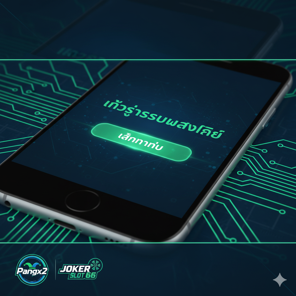 ภาพฟีเจอร์แสดงความสะดวกสบายของการเข้าสู่ระบบอัตโนมัติบนมือถือ โทนสีฟ้าเขียว แสดงหน้าจอสมาร์ทโฟนที่ขึ้นข้อความ 'เข้าสู่ระบบสำเร็จ' พร้อมปุ่ม 'เล่นเลย' และมีโลโก้ Pangx2 และ Joker Slot 66