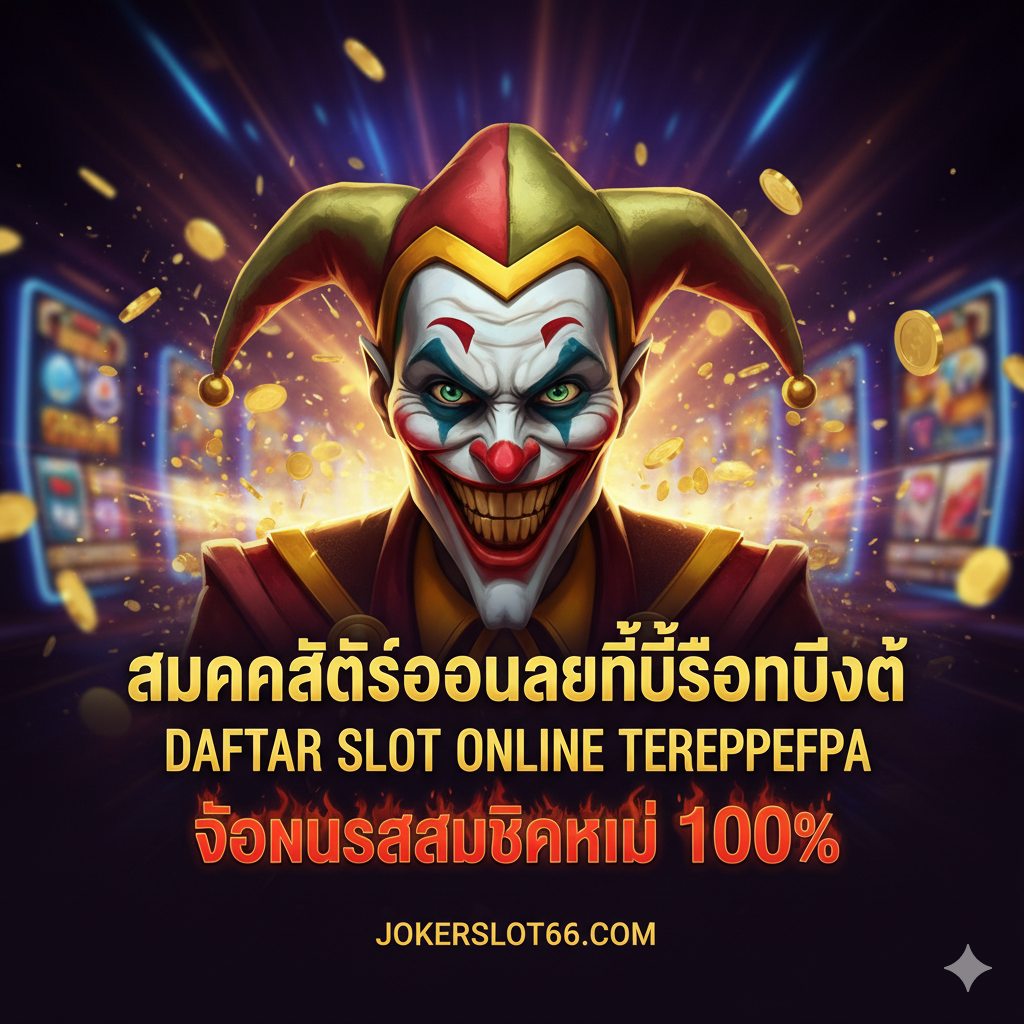 图片应เป็น高对比度、充满活力的封面图。主视觉为JokerSlot66的品牌Logo（如果可用，否则用Joker Gaming的经典小丑或老虎机图标），搭配金色和红色的主色调，背景是老虎机屏幕的模糊光效和金币飞溅的动态效果。核心文字醒目，使用印尼语：“DAFTAR SLOT ONLINE TERPERCAYA” 和 “BONUS NEW MEMBER 100%”，强调'daftar game online slot'的关键词意图。构图采用居中聚焦，营造出胜利和财富的强烈视觉冲击力。