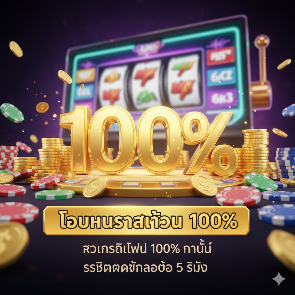 功能图片聚焦于Jokerslot66的'โบนัสต้อนรับ 100%' (100% Welcome Bonus) 这一核心优势。画面应展示一张放大的、充满活力的100%百分比符号，周围环绕ด้วย金币堆และ筹码。风格应是3D渲染的插画，色彩鲜艳，具有很强的视觉冲击力。背景可以有模糊的老虎机屏幕作为装饰。下方或旁边配มี小型泰语文字提示：'รับเครดิตฟรี 100% ทันที' (Get 100% Free Credit Immediately) 和 'ระบบฝากถอนออโต้ 5 วินาที' (5 Second Auto Deposit-Withdrawal System)，强调其两大关键功能特性：高额奖励和极速系统。