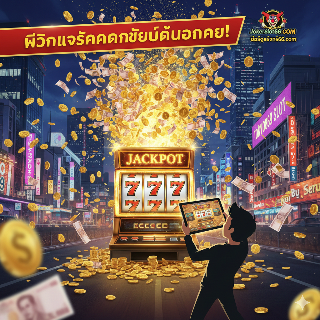 教程图片应简洁明了地展示Jokerslot66的'ระบบฝากถอนออโต้' (Auto Deposit-Withdrawal System) 的流程，同时与'tokyo889 wallet'进行隐性比较。画面采用流程图或分步展示的UI截图风格。ซ้าย侧是旧时代（tokyo889）代表性的手动操作图标（如电话或纸质单据），右侧และ中间是清晰的3步骤：1. โอนเงิน (Transfer Money) - แสดง手机银行App界面，2. ระบบปรับยอดอัตโนมัติ (System Auto Adjusts) - แสดง一个齿轮或速度计图标，3. เล่นสล็อตได้ทันที (Play Slot Immediately) - แสดง带有Jokerslot66 Logo的老虎机游戏画面。整体采用明亮、干净的蓝色和白色，传达'รวดเร็วและเสถียร'（Fast and Stable）的理念。