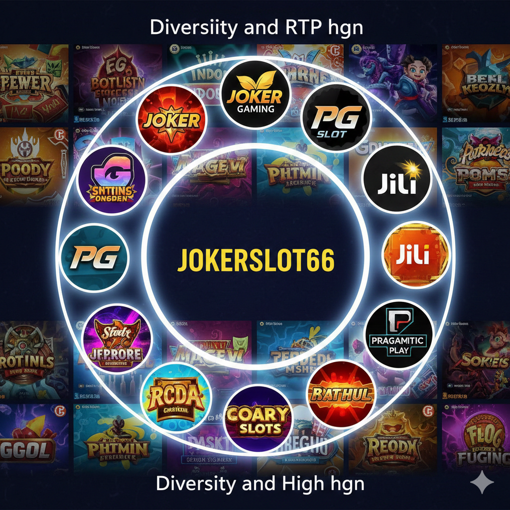 优势图片强调Jokerslot66作为多品牌集合平台的优势。画面应展示来自多个顶级老虎机供应商的标志或代表性游戏图标，如Joker Gaming, PG Slot, Jili, Pragmatic Play，以一个光芒四射的圆形或漩涡状排列。中心位置是Jokerslot66的Logo，代表它是所有这些优秀游戏的接入点。背景应是高品质、丰富的游戏画面拼贴，象征着“ความหลากหลายและ RTP สูง” (Diversity and High RTP)。风格现代、充满活力，色彩饱和度高，突出平台的游戏丰富性和选择的自由度。