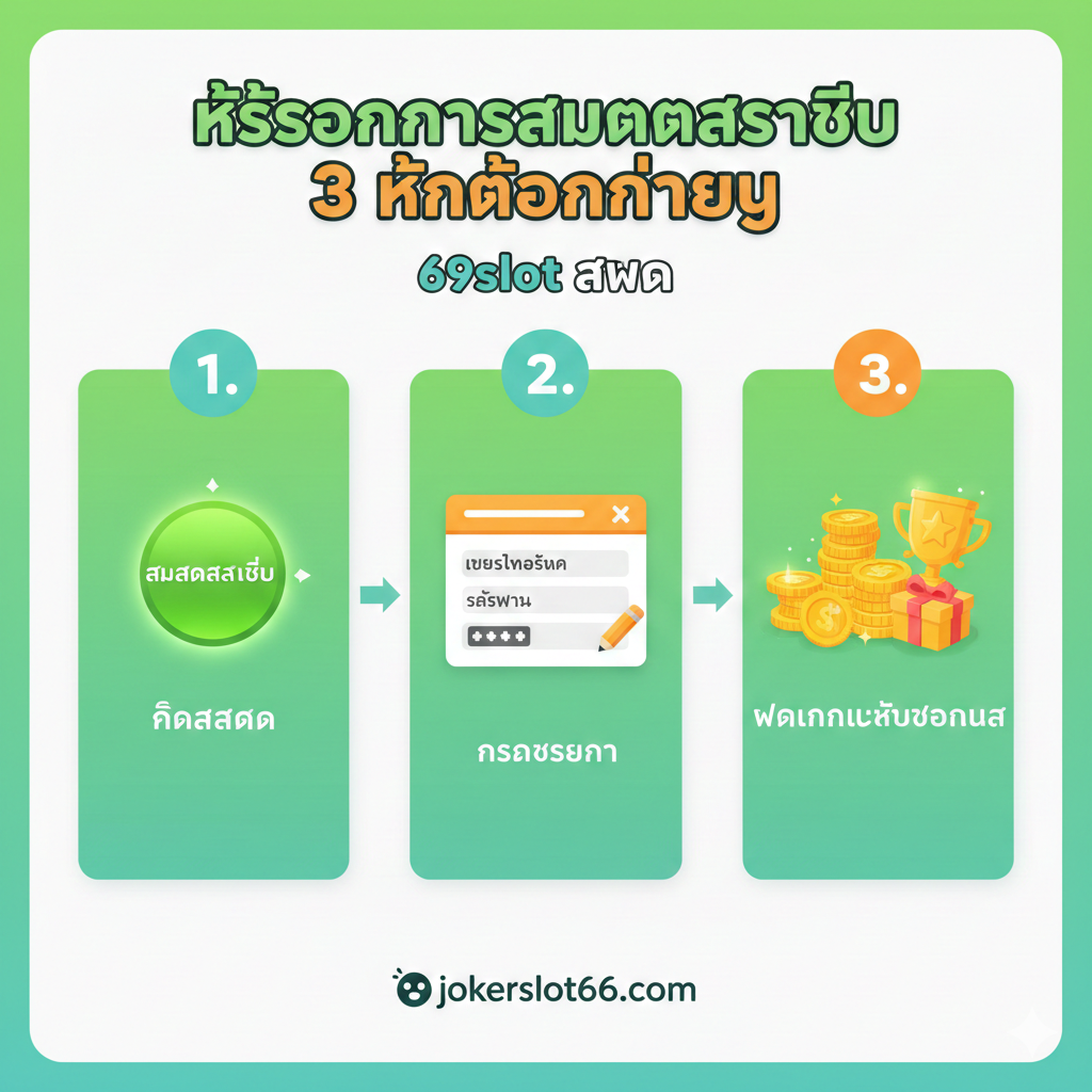 ภาพขั้นตอนการสมัครสมาชิก (Tutorial) 3 ขั้นตอนง่ายๆ สำหรับ '69slot สมัคร' ใช้รูปแบบ Infographic ที่เข้าใจง่าย มีการแบ่งภาพออกเป็น 3 ช่องตามลำดับ (1, 2, 3) โดยใช้โทนสีสว่างและมีชีวิตชีวา เช่น สีเขียวและสีส้ม แต่ละช่องมีไอคอนสื่อความหมาย: 1. ไอคอน 'คลิกสมัคร' (ปุ่ม Register) 2. ไอคอน 'กรอกข้อมูล' (แบบฟอร์มที่มีเบอร์โทรศัพท์และรหัสผ่าน) 3. ไอคอน 'ฝากเงินและรับโบนัส' (กองเหรียญทองและสัญลักษณ์ของรางวัล) มีลูกศรเชื่อมต่อระหว่างขั้นตอนเพื่อแสดงการไหลของกระบวนการ