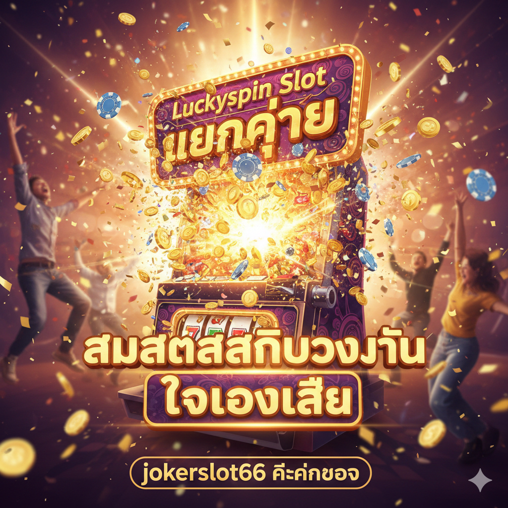 หนึ่งสูงและ引人注目的封面图，突出“Luckyspin Slot”和“jokerslot66”。画面中心是一个巨大的、闪闪发光的金色หรือ霓虹色的วงล้อนำโชค (Lucky Wheel)，上面有高额奖金（如JACKPOT、FREE SPINS、100x MULTIPLIER）的泰语หรือ醒目符号。背景เป็นบรรยากาศคาสิโนที่มืดมิด มีชีวิตชีวา มีแสงสีทองนุ่มนวลและเอฟเฟกต์อนุภาคแบบไดนามิก ใช้คำหลักภาษาไทย “แตกง่าย” (Easy Win) และ “เว็บตรง” (Direct Web) เป็นข้อความซ้อนทับที่โดดเด่น สไตล์โดยรวมควรเป็นโฆษณาเกมสล็อตออนไลน์ที่หรูหราและทันสมัย