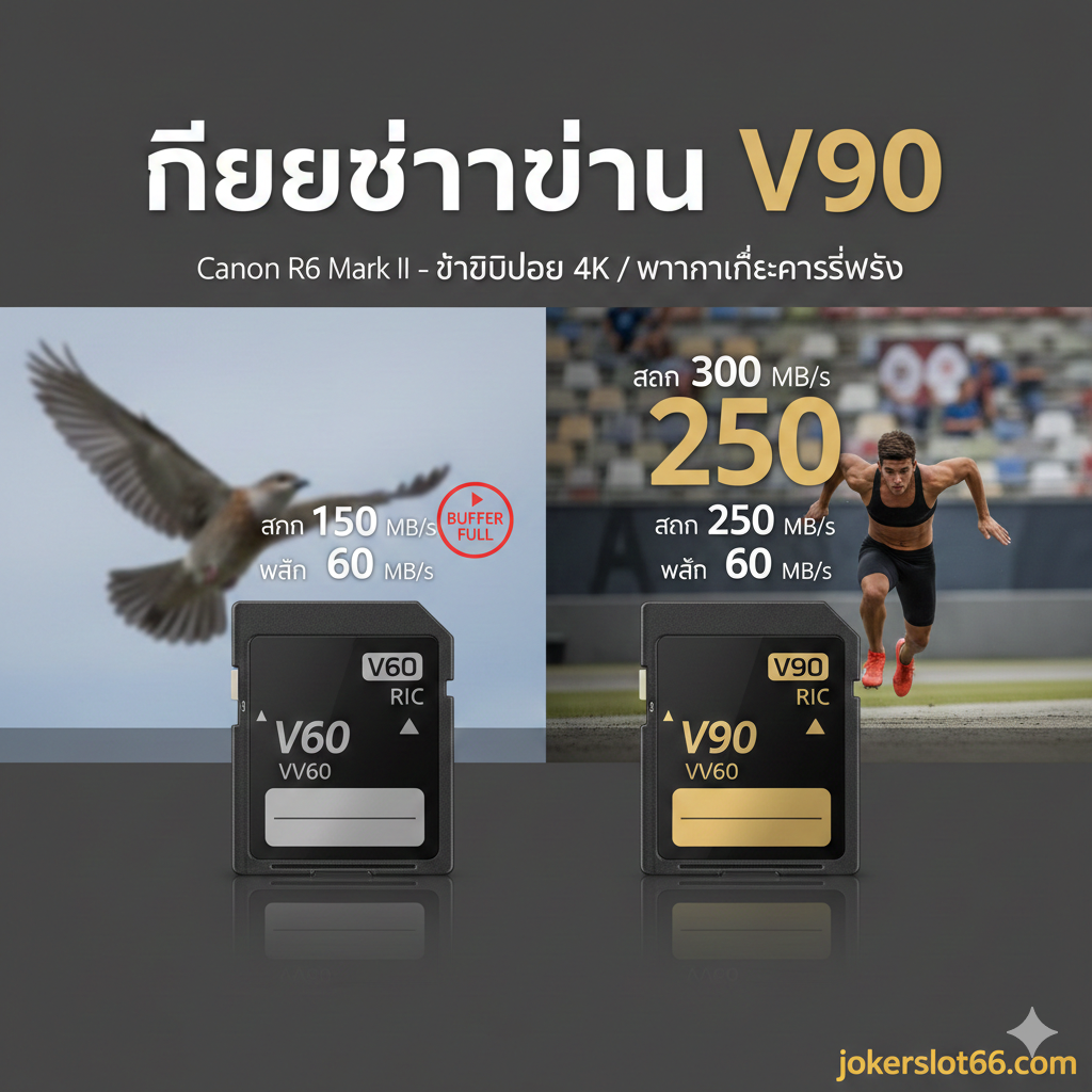 ภาพอินโฟกราฟิกที่เน้นคุณสมบัติเด่นของช่องใส่การ์ด: 'Dual SD UHS-II Slots' โดยมีไอคอนการ์ด SD สองใบวางคู่กัน และมีลูกศรสีฟ้าพุ่งเข้า-ออกการ์ดอย่างรวดเร็ว (สื่อถึงความเร็ว UHS-II และการบันทึกพร้อมกัน) พื้นหลังเป็นภาพลายเส้นของส่วนประกอบภายในกล้องที่เชื่อมต่อกับช่องการ์ด แสดงถึงการทำงานร่วมกันอย่างมีประสิทธิภาพ องค์ประกอบเน้นความสะอาด ทันสมัย และมีข้อความภาษาไทย 'รองรับ UHS-II สองช่อง' กำกับไว้ด้วย