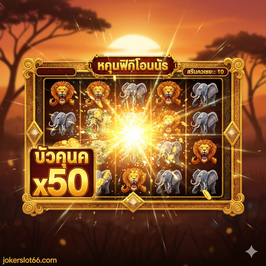 ภาพหน้าปกเกมสล็อต Mighty Africa ที่น่าดึงดูดใจ องค์ประกอบหลักคือหัวช้างแอฟริกันขนาดใหญ่ที่มีงาสวยงามและดวงตาที่ทรงพลัง อยู่ตรงกลางภาพ ฉากหลังเป็นทุ่งหญ้าสะวันนาในยามอาทิตย์ตกดินที่มีสีส้มทองและสีม่วงเข้ม บรรยากาศดูยิ่งใหญ่และลึกลับ มุมบนหรือมุมล่างของภาพมีโลโก้หรือชื่อ 'jokerslot66' และข้อความโปรโมท 'โบนัส 100%' เพื่อดึงดูดผู้เล่น สไตล์ภาพเป็นแบบ 3D กราฟิกคุณภาพสูง เน้นความคมชัดและรายละเอียดของสัตว์ป่า