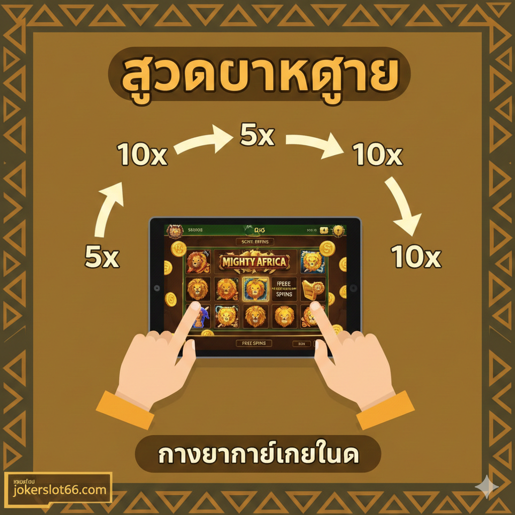 ภาพจำลองหน้าจอการเล่นเกม Mighty Africa Slot ที่เน้นส่วนของการวางเดิมพันและการตั้งค่า 'สูตรแตกง่าย' ภาพควรมีหน้าต่างควบคุมการเดิมพัน (Bet/Coin Value) ที่กำลังถูกปรับให้เห็นชัดเจน มีตัวเลขแสดงยอดเงินทุน (Balance) และยอดชนะ (Win) ที่เป็นจำนวนมากเป็นพิเศษเพื่อดึงดูดความสนใจ ฉากหลังเป็นอินเทอร์เฟซเกมที่เต็มไปด้วยสัญลักษณ์สัตว์ป่า เน้นสีเข้มและสีทองเพื่อสื่อถึงการเล่นอย่างจริงจังและผลกำไร ภาพนี้ใช้เป็นภาพประกอบสำหรับส่วน 'สูตรทำเงินพิเศษ' ของบทความ