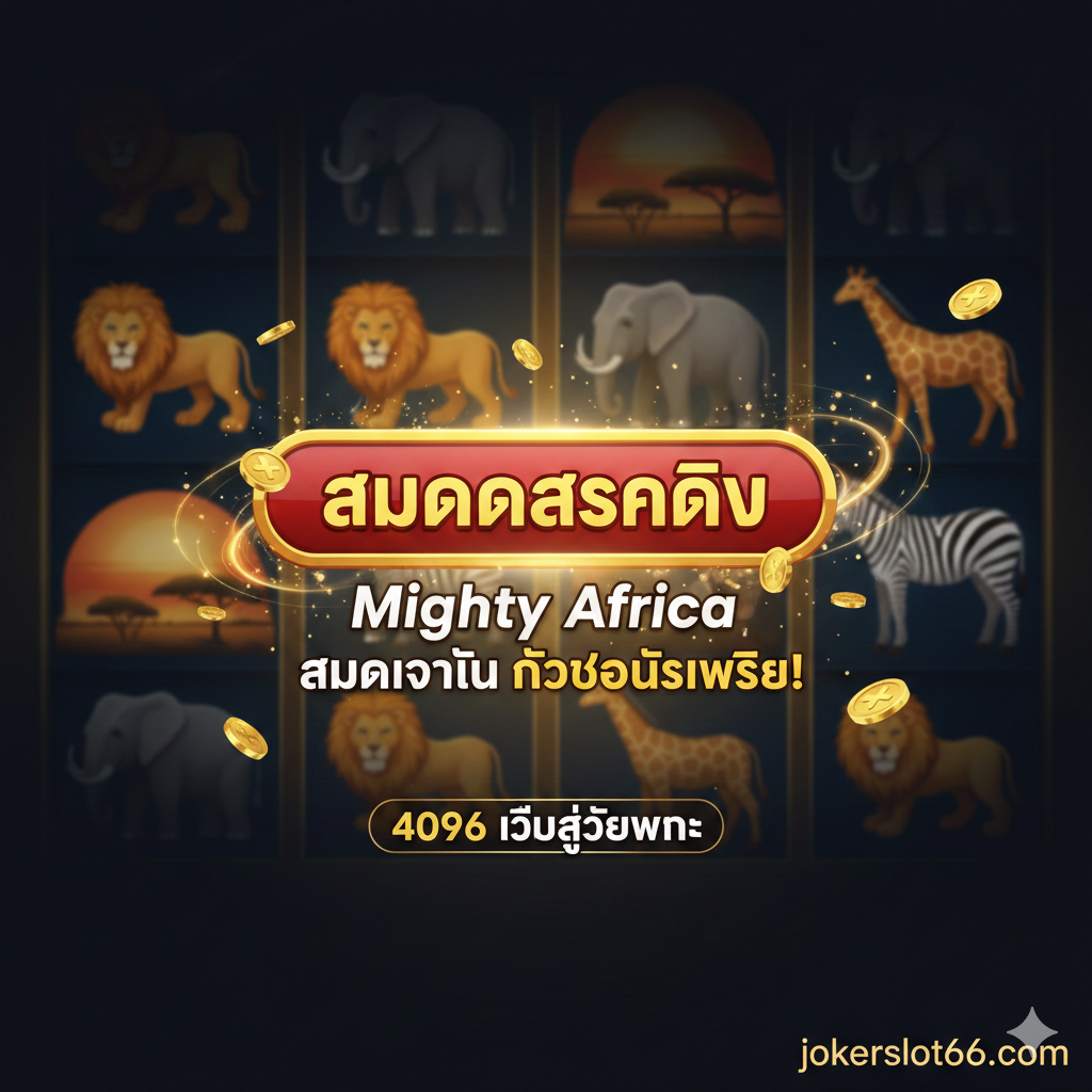 ภาพสรุปที่สร้างความประทับใจสุดท้าย แสดงภาพแจ็กพอตแตกครั้งใหญ่ในเกม Mighty Africa Slot วงล้อสล็อตเต็มไปด้วยสัญลักษณ์จ่ายสูง (เช่น ช้าง) และมีข้อความ 'SUPER MEGA WIN' หรือ 'JACKPOT' ปรากฏอยู่ตรงกลางด้วยตัวอักษรขนาดใหญ่และส่องประกาย รอบๆ ภาพมีเหรียญทองและธนบัตรปลิวว่อนเพื่อสื่อถึงความสำเร็จทางการเงิน มุมใดมุมหนึ่งของภาพเน้นโลโก้ jokerslot66 เพื่อตอกย้ำถึงเว็บไซต์ที่ทำให้แจ็กพอตนี้เกิดขึ้นได้ เป็นภาพที่สื่อถึงชัยชนะอันยิ่งใหญ่และการปิดท้ายอย่างสมบูรณ์แบบ