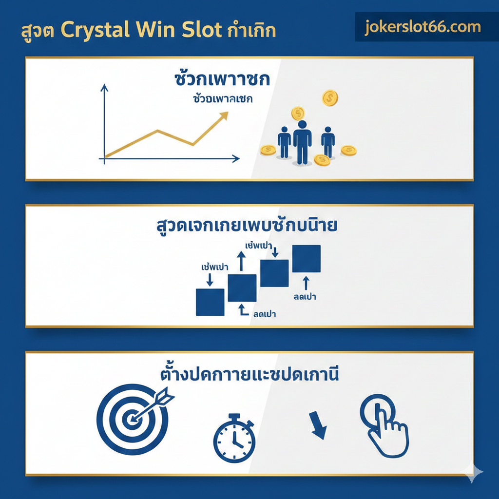 ภาพแนวอินโฟกราฟิก/ไดอะแกรมที่แสดงถึง 'สูตร Crystal Win Slot ทำเงิน' ที่ใช้ได้ที่ jokerslot66.com ใช้โทนสีน้ำเงิน-ทอง สื่อถึงความน่าเชื่อถือและความมั่งคั่ง แบ่งออกเป็น 3 ส่วนชัดเจน: 1. กราฟิกที่แสดง 'ช่วงเวลาแตก' (ช่วงเวลาที่มีผู้เล่นจำนวนมาก) 2. แผนภาพ 'สูตรเดินเงินแบบขั้นบันได' ที่มีการเพิ่ม-ลดเบทเป็นขั้นตอน 3. ไอคอนรูปเป้าหมายที่สื่อถึง 'ตั้งเป้าหมายและหยุดทันที' ภาพรวมดูเป็นระเบียบและให้ข้อมูลที่เข้าใจง่าย พร้อมมีโลโก้ jokerslot66.com อยู่ในภาพเพื่อเชื่อมโยงกับแหล่งข้อมูล