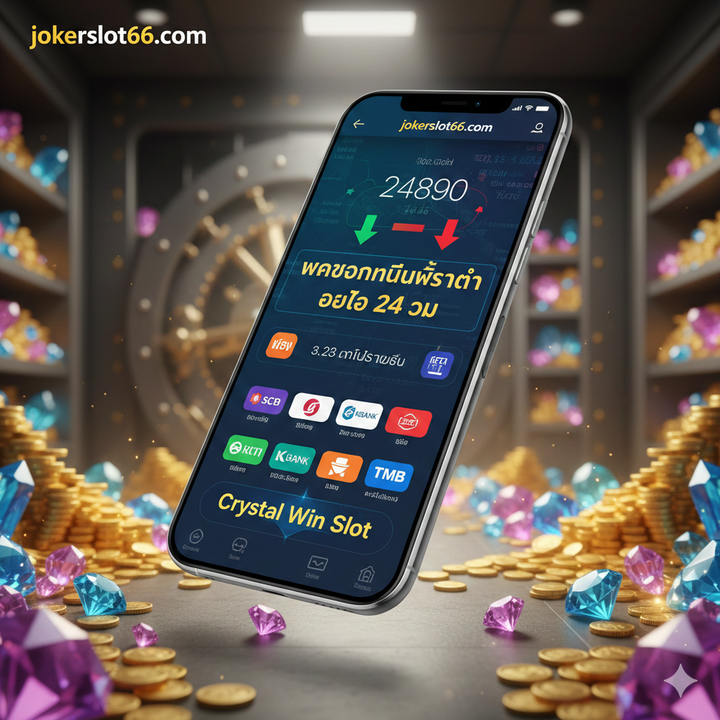 ภาพเน้นข้อได้เปรียบของการเล่นที่ jokerslot66.com โดยเฉพาะระบบฝากถอนอัตโนมัติ (Auto Deposit/Withdrawal) แสดงกราฟิกของหน้าจอโทรศัพท์มือถือที่กำลังแสดงการทำธุรกรรมการเงินที่รวดเร็ว (เงินเข้า-ออกอย่างรวดเร็ว) มีโลโก้ธนาคารชั้นนำของไทยและข้อความ 'ฝากถอนไม่มีขั้นต่ำ ออโต้ 24 ชม.' เป็นภาษาไทยที่โดดเด่น พื้นหลังควรเป็นภาพเบลอของห้องนิรภัยหรือห้องเก็บคริสตัล/สมบัติ เพื่อเน้นความปลอดภัยและความมั่งคั่งของระบบการเงินที่เว็บไซต์มอบให้แก่ผู้เล่น Crystal Win Slot