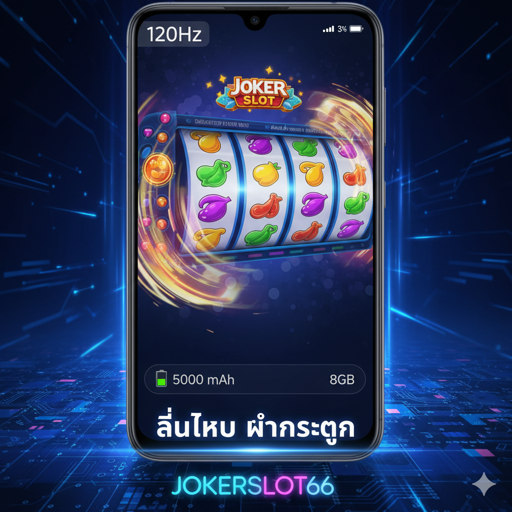 用于突出A34手机性能的图片，重点展示其玩老虎机游戏的流畅体验。画面中心是Samsung A34 5G的手机屏幕，正在运行一个色彩鲜艳、高分辨率的Joker Slot游戏界面，清晰显示'120Hz'字样和快速旋转的卷轴。背景以抽象的蓝色/紫色光速线条或电路板纹理，代表Dimensity 1080芯片的强大性能和8GB RAM的流畅性。下方可配上电量图标和'5000 mAh'字样，强调续航。整体风格现代、动感，强调'ลื่นไหล ไม่กระตุก' (流畅不卡顿) 的游戏体验，并巧妙融合JOKERSLOT66的品牌元素。