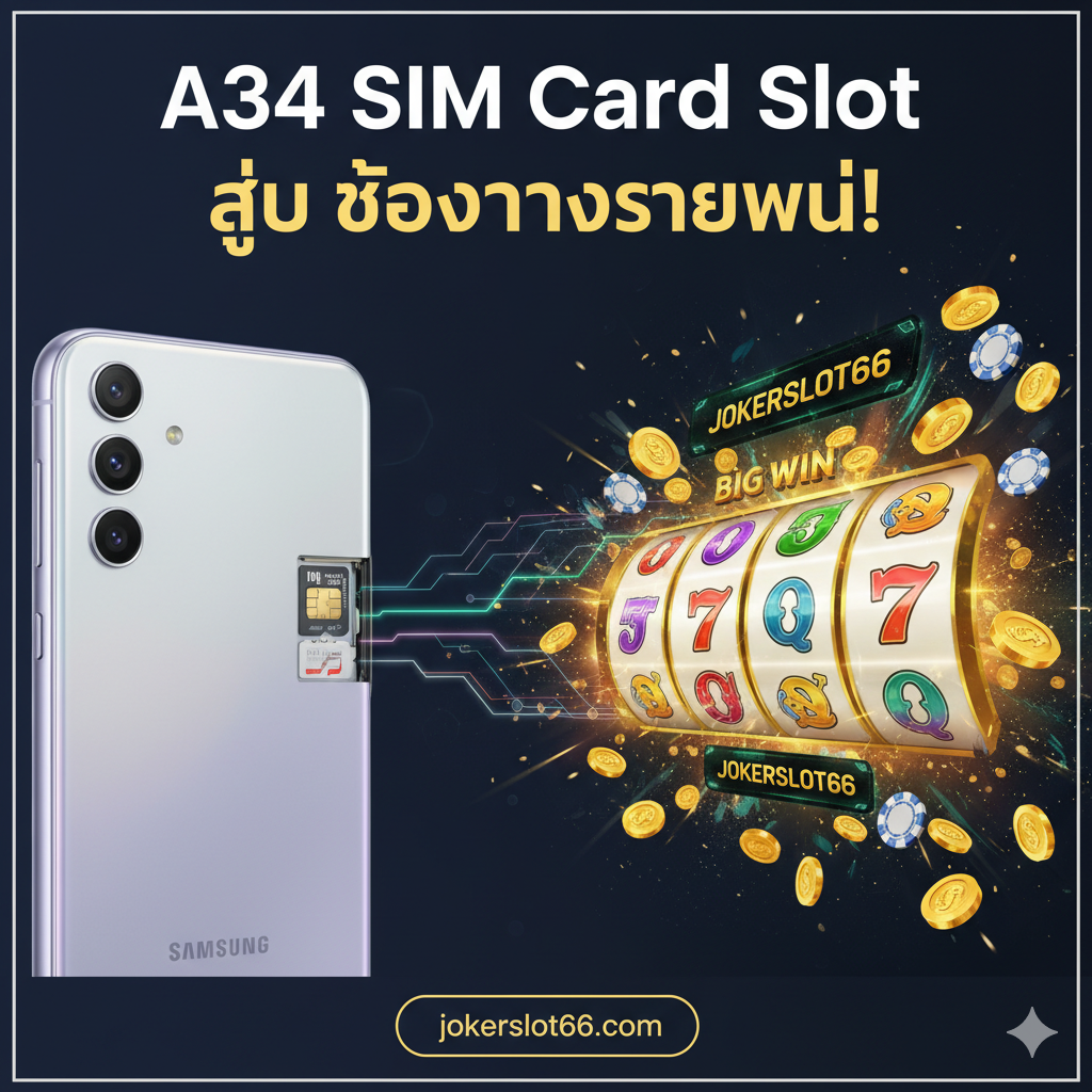 一张醒목的文章封面图，主题为'A34 SIM Card Slot'与'สล็อต (Slot)'的结合。左侧是Samsung Galaxy A34 5G手机的特写，突出展示其背部或侧面的Hybrid SIM卡槽，卡槽上有一张SIM卡和一张MicroSD卡，象征着多功能性。右侧则是一个带有金币、筹码和闪耀符号的JOKERSLOT66主题老虎机界面，呈现出'赢得大奖'的动态效果。整体风格是高科技感与财富主题的碰撞，色彩采用三星的薰衣ค้าวสี/银色搭配老虎机的金色/เขียว, แสดงความเชื่อมโยงระหว่างประสิทธิภาพโทรศัพท์และโอกาสในการทำเงิน ใช้ภาษาไทยเป็นหัวข้อใหญ่: 'A34 SIM Card Slot สู่ ช่องทางรวยใหม่!' (A34 SIM Card Slot to New Wealth Channel)。