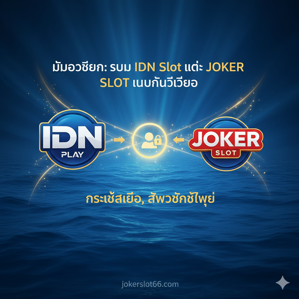 ภาพคอนเซ็ปต์ Blue Ocean ที่แสดงโลโก้ IDN Play และ JOKER SLOT มารวมกันในบัญชีเดียว โดยมีพื้นหลังเป็นมหาสมุทรสีน้ำเงินและแสงสีทอง