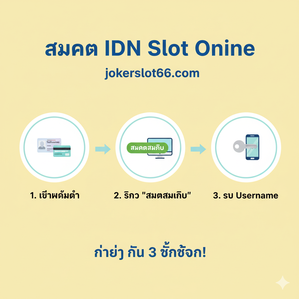 ภาพแสดงขั้นตอนการลงทะเบียน IDN Slot Onine 3 ขั้นตอนที่ง่ายและรวดเร็ว โดยใช้ไอคอนที่สื่อถึงการเตรียมข้อมูล การคลิกสมัครสมาชิก และการรับ Username
