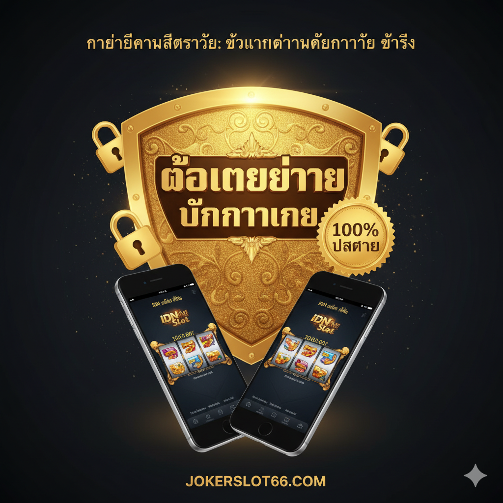 ภาพแสดงโล่สีทองขนาดใหญ่ที่มีคำว่า Agen Resmi ล้อมรอบด้วยกุญแจล็อคและสัญลักษณ์ความปลอดภัย 100% พร้อมโทรศัพท์มือถือที่แสดงเกม IDN Slot