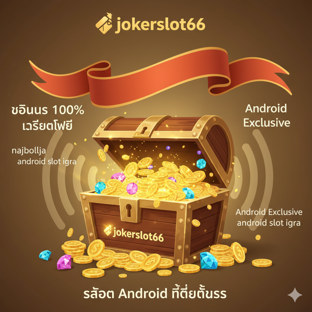 ภาพกล่องของขวัญหรือหีบสมบัติที่มีโลโก้ Jokerslot66 เต็มไปด้วยเหรียญทองและป้ายโบนัส (เช่น 100% bonus, เครดิตฟรี, Android Exclusive) เพื่อเน้นย้ำถึงข้อเสนอพิเศษสำหรับผู้ใช้ Android