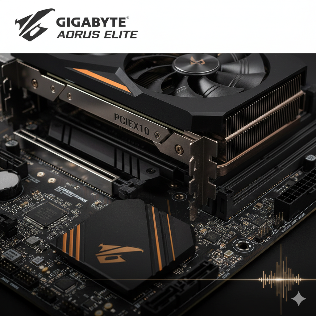以เมนบอร์ด Gigabyte B450 AORUS ELITE 为中心特写，高角度俯视。突出显示带有金属加固（Metal Shielding）的 PCIEX16 显卡主插槽。插槽内插着一块高端游戏显卡（例如：RTX 4070 的部分背面），显卡风扇微亮，体现性能。整体色调为暗黑/橙色（AORUS 主题色），光线集中在主插槽，营造出技术感和力量感。图片右下角或角落可以有微弱的电子脉冲波纹。
