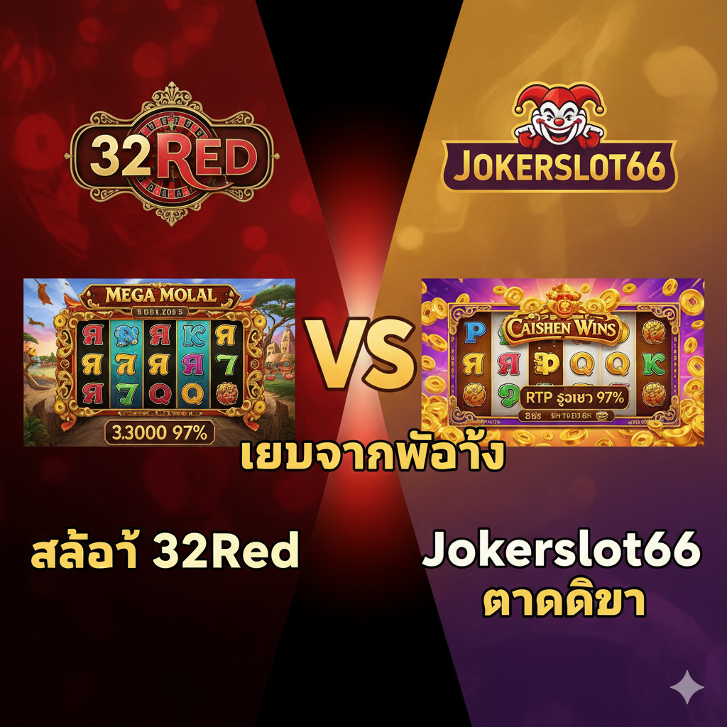ภาพปกแนวเปรียบเทียบ (VS) ที่ดึงดูดสายตา: ด้านซ้ายแสดงสัญลักษณ์ของ 32Red (อาจเป็นสีแดงเข้ม/ดำ, มีโลโก้คาสิโนแบบยุโรป) และเกมสล็อตคลาสสิกของ Microgaming (เช่น Mega Moolah) โดยมีข้อความว่า '32Red Slots' ด้านขวาแสดงสัญลักษณ์ของ Jokerslot66 (โทนสีสดใส เช่น ทอง/แดง/ม่วง) พร้อมภาพเกมสล็อตยอดนิยมของ PG Slot (เช่น Caishen Wins) ที่มีตัวเลข 'RTP สูงกว่า' และมีข้อความว่า 'Jokerslot66 แตกดีกว่า' ตรงกลางมีสัญลักษณ์ 'VS' หรือ 'เทียบกันชัดๆ' โดยรวมใช้สีที่ตัดกันเพื่อเน้นการเปรียบเทียบและดึงดูดผู้เล่นชาวไทย