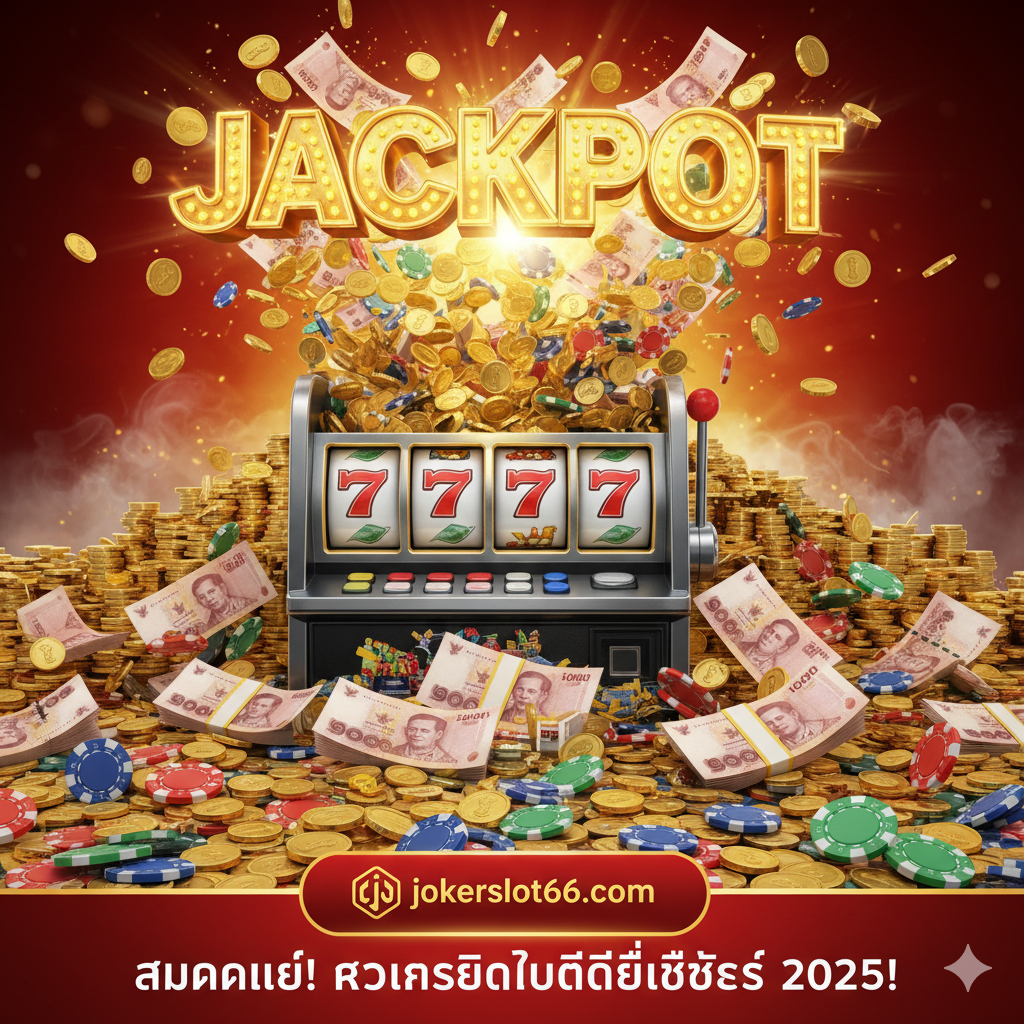 ภาพสรุปที่น่าตื่นเต้นแสดงคำว่า 'JACKPOT' ขนาดใหญ่และสว่างไสว พร้อมด้วยเหรียญทอง ธนบัตร และชิปการพนันจำนวนมากที่พวยพุ่งออกมาจากสล็อตแมชชีน ด้านล่างมีโลโก้ jokerslot66.com และข้อความเรียกร้องให้ดำเนินการที่เข้มแข็งเป็นภาษาไทย: 'สมัครเลย! รับเครดิตฟรีที่ดีที่สุด 2025!'