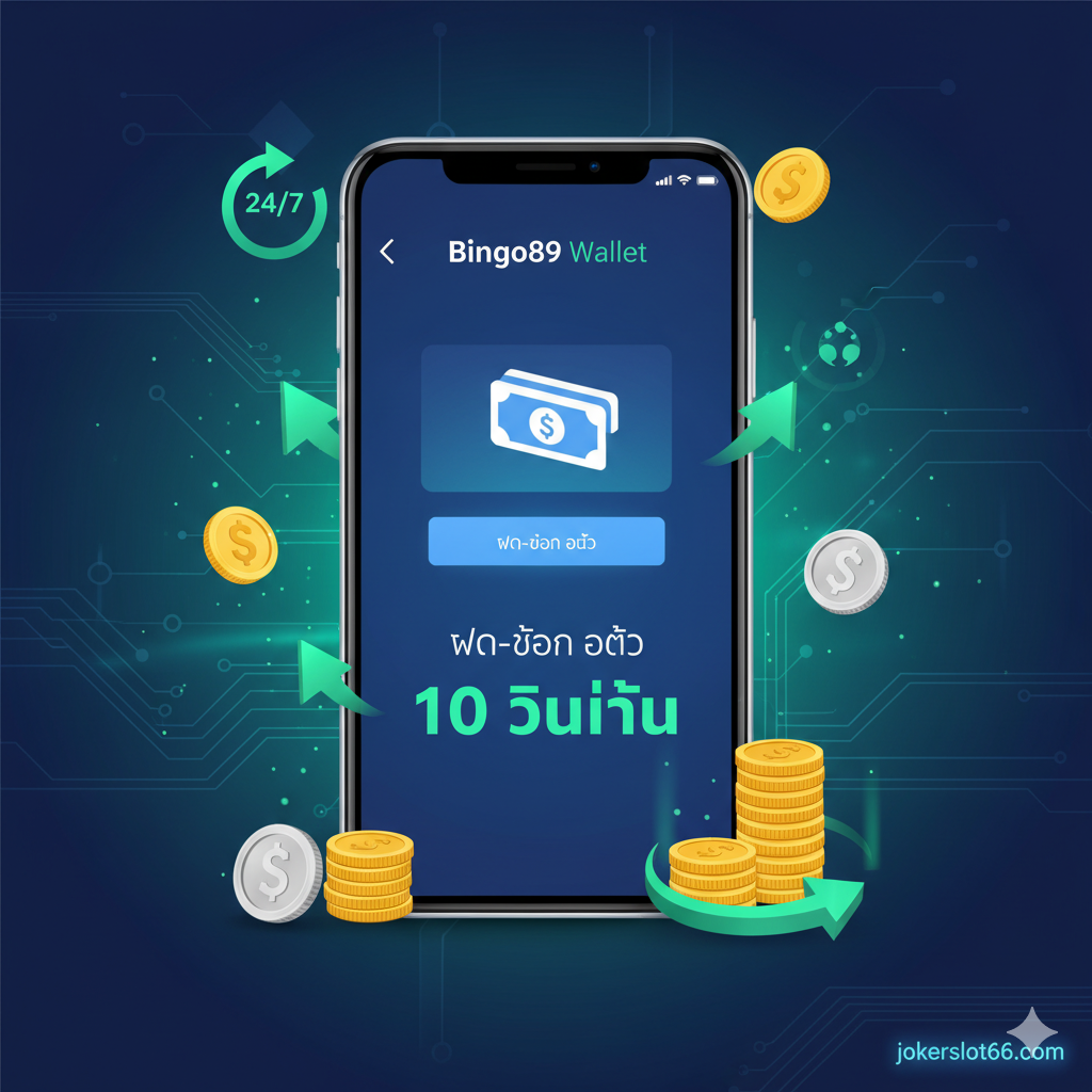 เน้นฟีเจอร์ที่สะดวกสบายของ 'Bingo89 Wallet' โดยแสดงหน้าจอโทรศัพท์มือถือที่มีอินเทอร์เฟซ 'ฝาก-ถอน ออโต้' พร้อมคำว่า '10 วินาที' เป็นภาษาไทยอยู่ในนั้น ภาพพื้นหลังสีฟ้าหรือสีเขียวที่ดูเป็นเทคโนโลยี เน้นการทำธุรกรรมที่รวดเร็วและปลอดภัยตลอด 24 ชั่วโมง