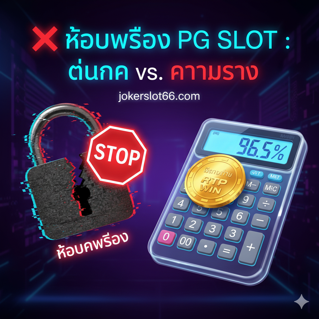A striking, neon-lit digital art image contrasting 'myth' and 'reality'. On the left, a broken, glitching padlock labeled 'BUG' with a dark, red ominous glow. On the right, a bright, clean, golden coin or chip labeled 'RTP' or 'WIN' placed neatly on a calculator screen showing '96.5%'. The background should be a futuristic, purple and blue gradient reflecting a secure server environment. The overall tone is serious and exposé-like, with a clear 'STOP' sign over the glitching element. Text overlay concept: '❌ BUGS PG SLOT: MYTH vs. REALITY'.
