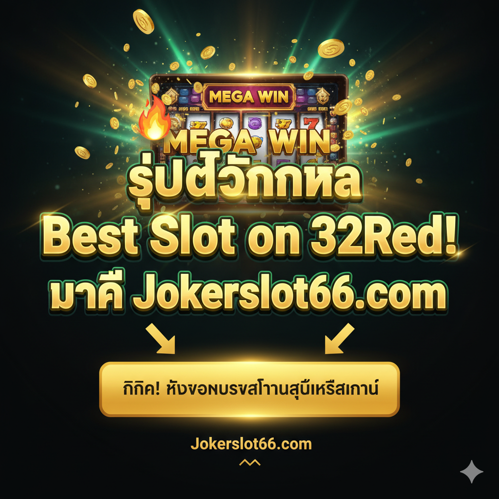 ภาพสรุปและเรียกร้องให้ดำเนินการ (Call to Action) ใช้โทนสีเข้มและทองที่ดูพรีเมียมและน่าตื่นเต้น มีภาพสล็อตที่ 'แตก' หรือ 'Big Win' อยู่ด้านหลัง พร้อมข้อความที่ชัดเจนขนาดใหญ่ว่า '🔥 หยุดค้นหา Best Slot on 32Red! มาที่ Jokerslot66.com' และมีปุ่มหรือกรอบที่เน้นข้อความว่า 'คลิก! รับโบนัสต้อนรับสุดพิเศษทันที' ภาพควรมีลูกศรชี้ไปที่ลิงก์หรือปุ่มลงทะเบียนเพื่อกระตุ้นให้ผู้อ่านดำเนินการทันทีหลังอ่านบทความจบ เน้นความรู้สึกของการตัดสินใจที่คุ้มค่าและยุติธรรม