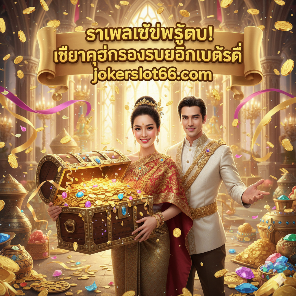 重点突出游戏的最大优势：高价值的“婚礼/选择配偶”奖励回合。画面主体是一个华丽的宫廷场景，身着华服的公主或王子微笑着，手持一个巨大的宝箱或金币袋，象征高额现金奖励。背景应有大量的金币、宝石和彩带，营造出成功和财富的氛围。可以在图片中加入 'รางวัลใหญ่สูงสุด! เลือกคู่ครองรวยโบนัสที่ jokerslot66.com' (รางวัลใหญ่สูงสุด! เลือกคู่ครองรวยโบนัสที่ jokerslot66.com) 的泰语标语，强调奖励和站点的关联。