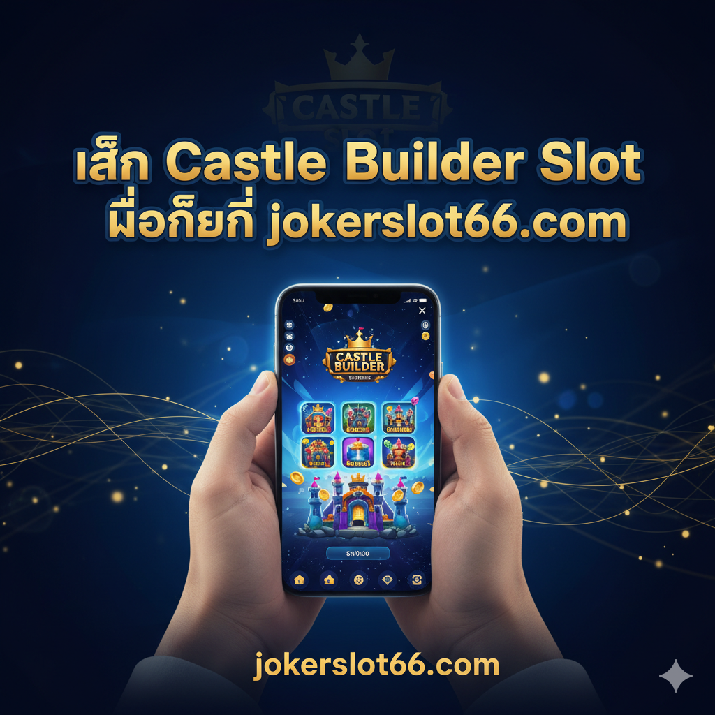 一张总结性的图片，强调在目标站点 jokerslot66.com 上的体验优势，特别是移动端兼容性。画面主体是一个手持现代智能手机或平板电脑的人，屏幕上显示着Castle Builder Slot的移动游戏界面。界面应清晰、流畅、充满色彩。背景可抽象化为 jokerslot66.com 的品牌颜色（如果已知，否则使用代表高品质娱乐场的深色调）。用泰语粗体字 'เล่น Castle Builder Slot มือถือที่ jokerslot66.com' (เล่น Castle Builder Slot มือถือที่ jokerslot66.com) 强调随时随地、稳定流畅的移动游戏体验。