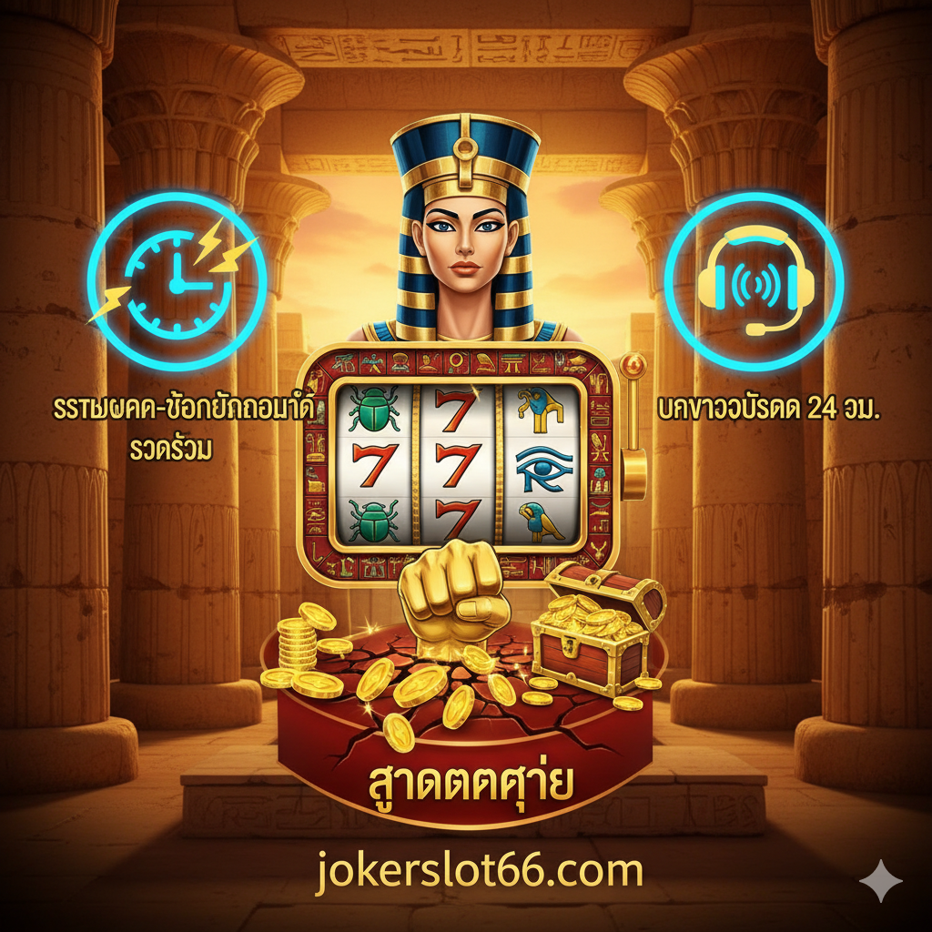 ภาพเน้นจุดเด่นของ jokerslot66.com ในการให้บริการเกม Cleopatra สล็อต ภาพพื้นหลังเป็นวิหารอียิปต์และมีองค์ประกอบของความรวดเร็ว เช่น ไอคอนรูปนาฬิกาหรือสายฟ้าผ่า เพื่อสื่อถึง 'ระบบฝาก-ถอนอัตโนมัติ รวดเร็ว' มีไอคอนรูปโทรศัพท์หรือหูฟัง เพื่อสื่อถึง 'บริการลูกค้า 24 ชม.' และมีภาพกำปั้นทุบพื้น หรือภาพรางวัลใหญ่ เพื่อสื่อถึง 'สูตรแตกง่าย' หรือ 'โอกาสชนะสูง' ใช้สีที่ตัดกันเพื่อดึงดูดความสนใจ เช่น สีแดง-ทอง หรือน้ำเงิน-ทอง สื่อถึงความมั่นคงและน่าเชื่อถือ